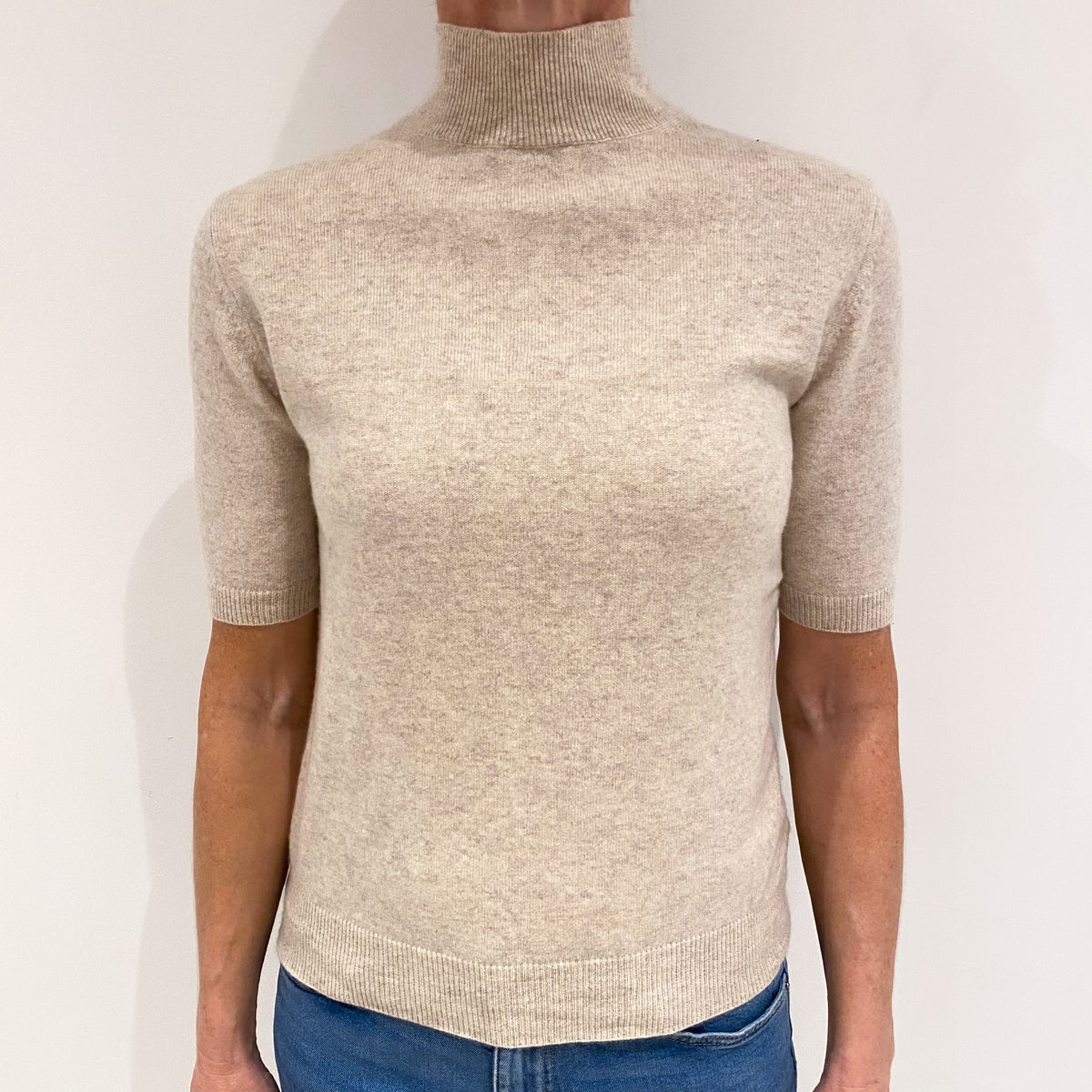Honey Beige Cashmere Short Sleeved Turtle Neck Jumper Small