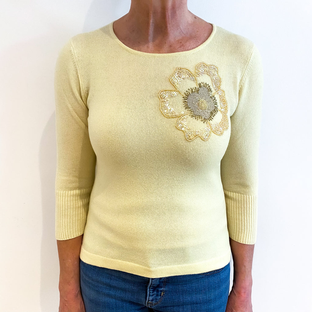Primrose Yellow With Beaded Flower Cashmere Crew Neck Jumper Medium
