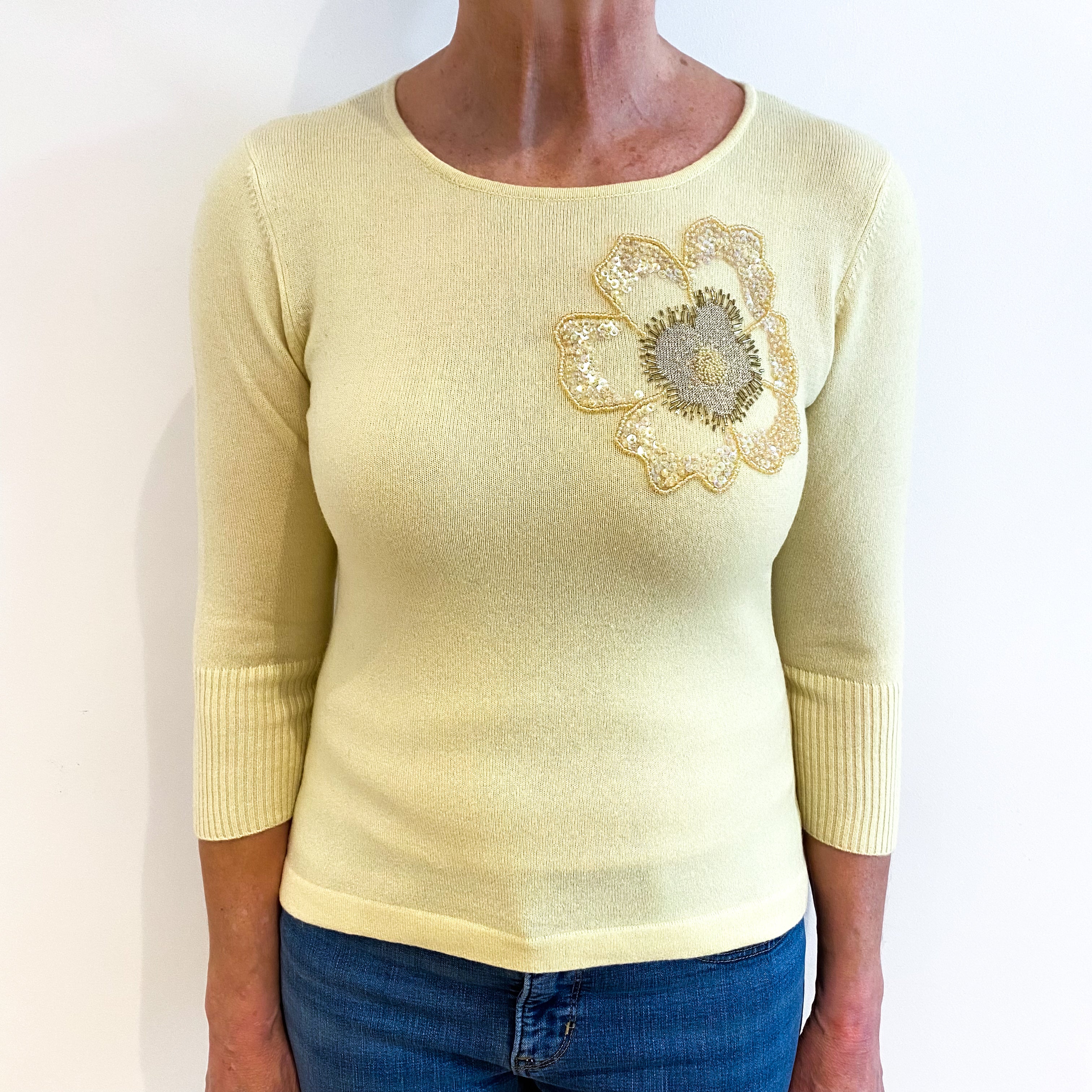 Primrose Yellow With Beaded Flower Cashmere Crew Neck Jumper Medium