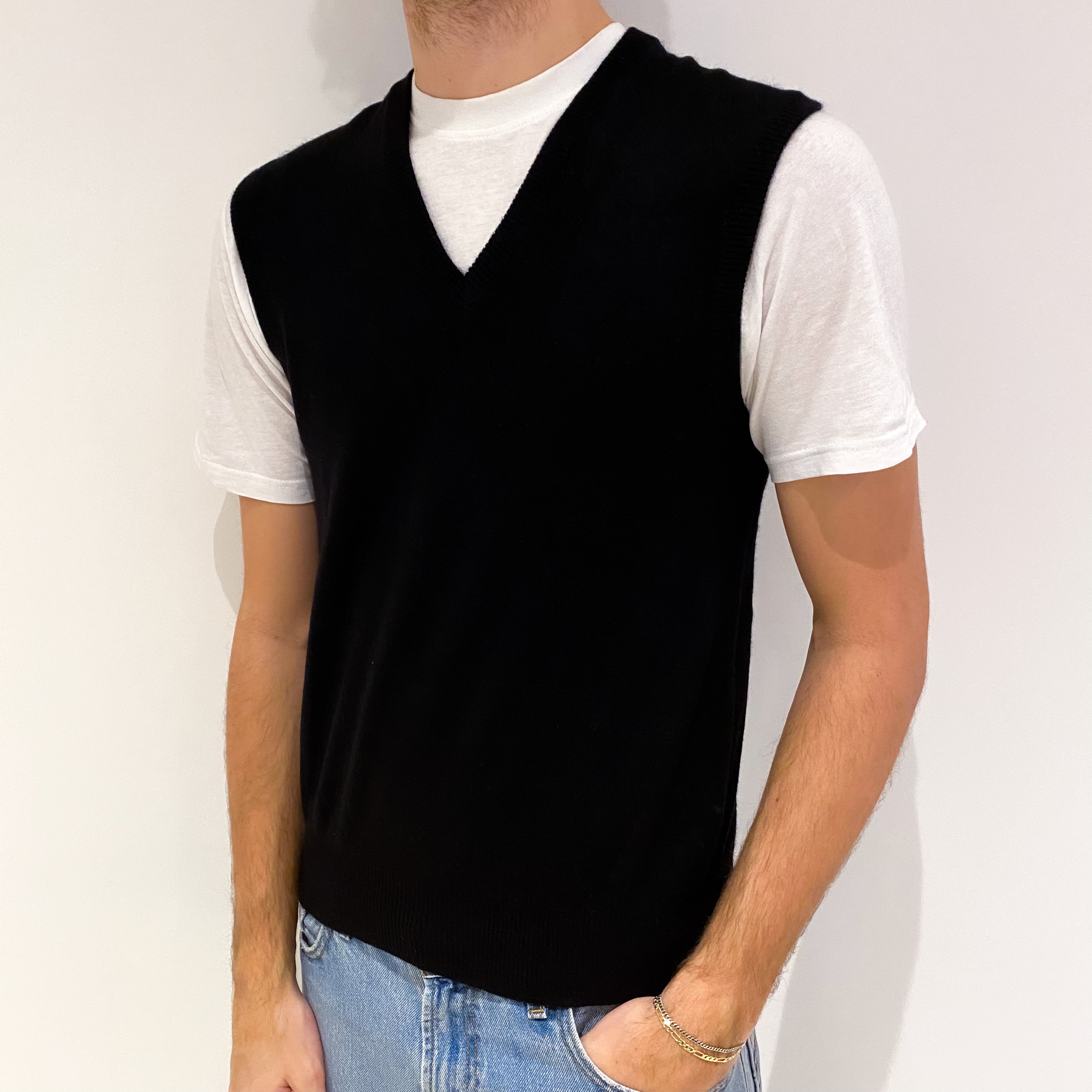 Men's Black Cashmere V Neck Jumper Vest Medium