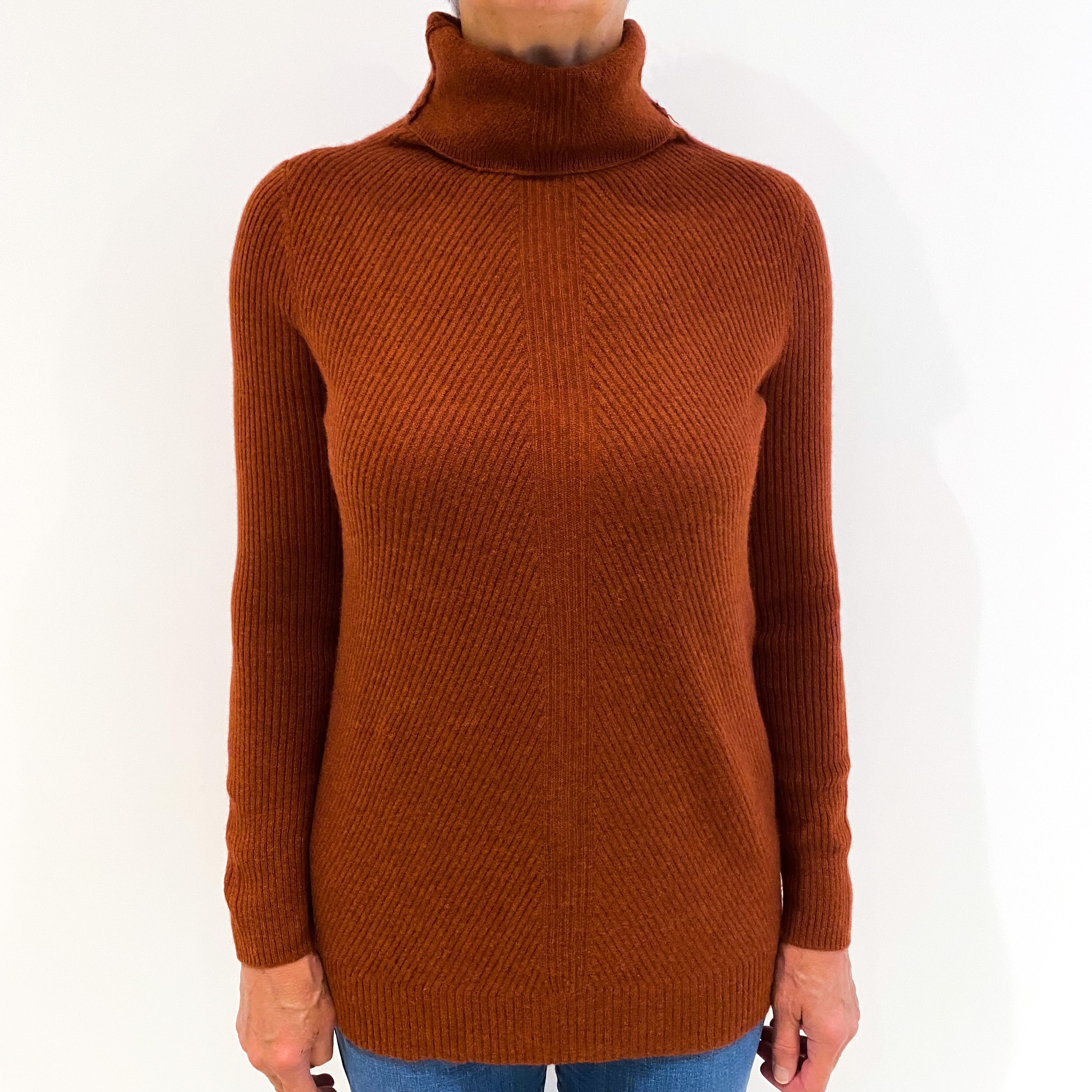Rust Brown Rib Cashmere Funnel Neck Jumper Medium