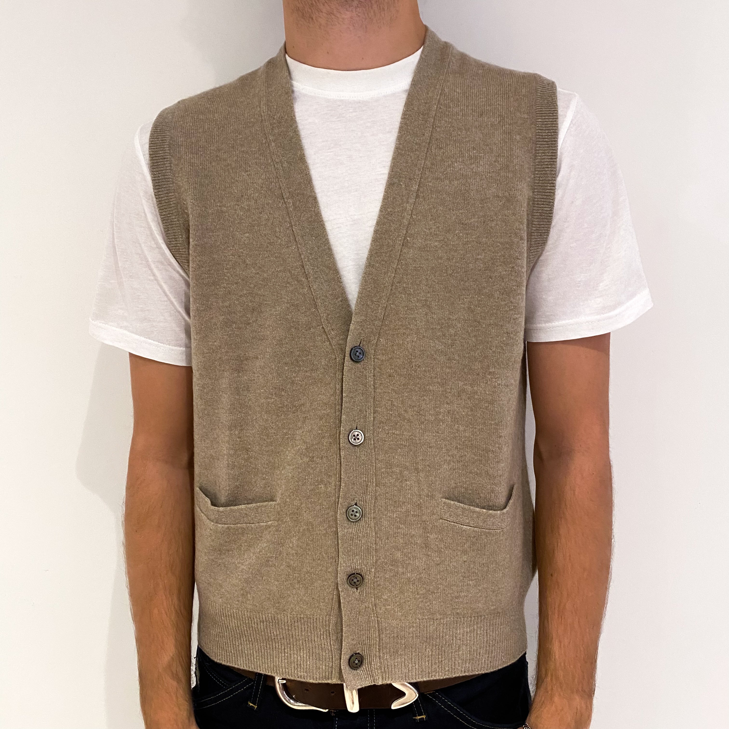 Men's Taupe Brown Cashmere V-Neck Gilet Medium
