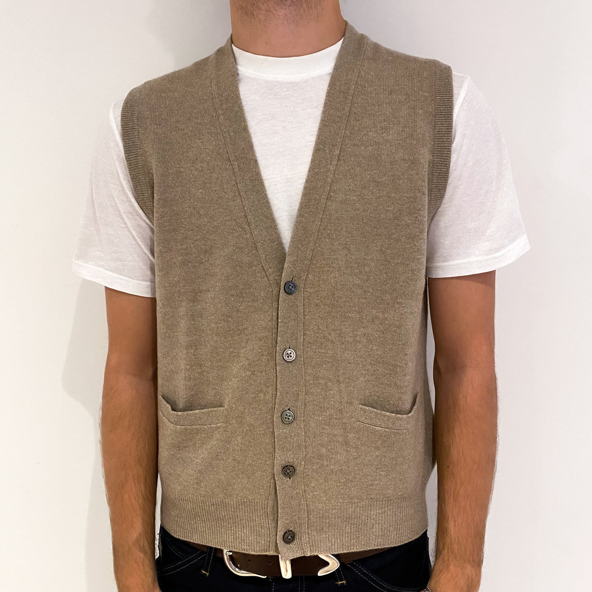 Men's Taupe Brown Cashmere V-Neck Gilet Medium