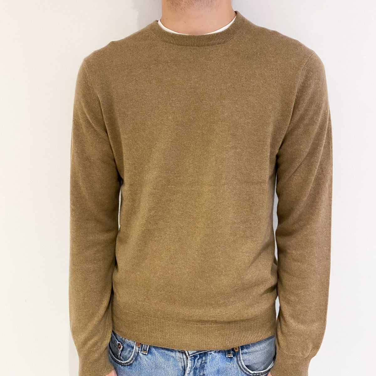 Men's Camel Brown Cashmere Crew Neck Jumper Large