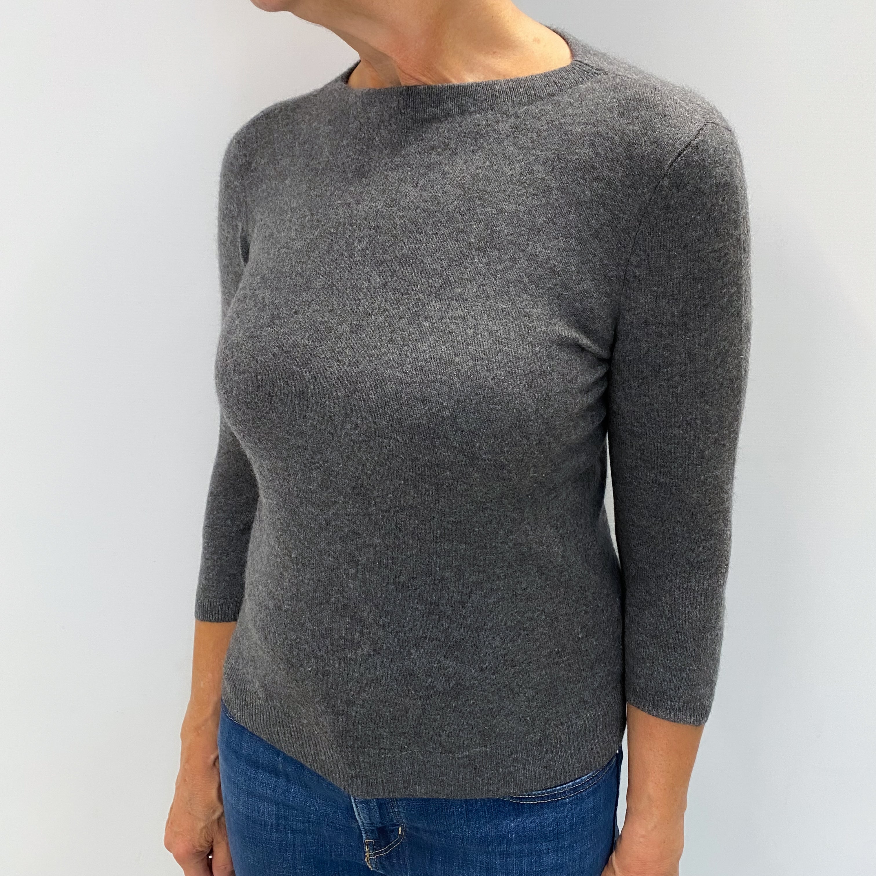 Slate Grey Cashmere 3/4 Sleeve Crew Neck Jumper Medium
