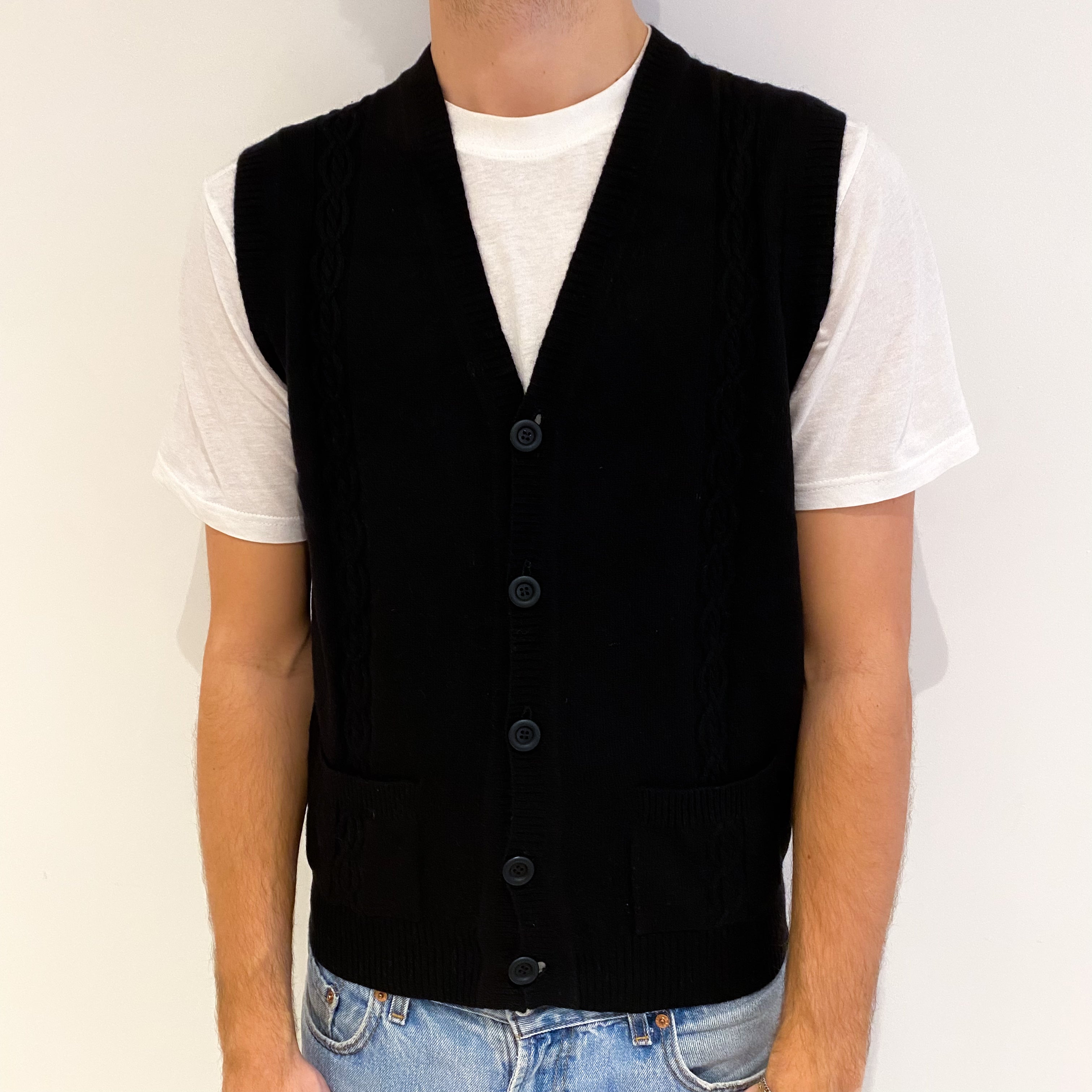 Men's Black Cashmere V Neck Waistcoat Large