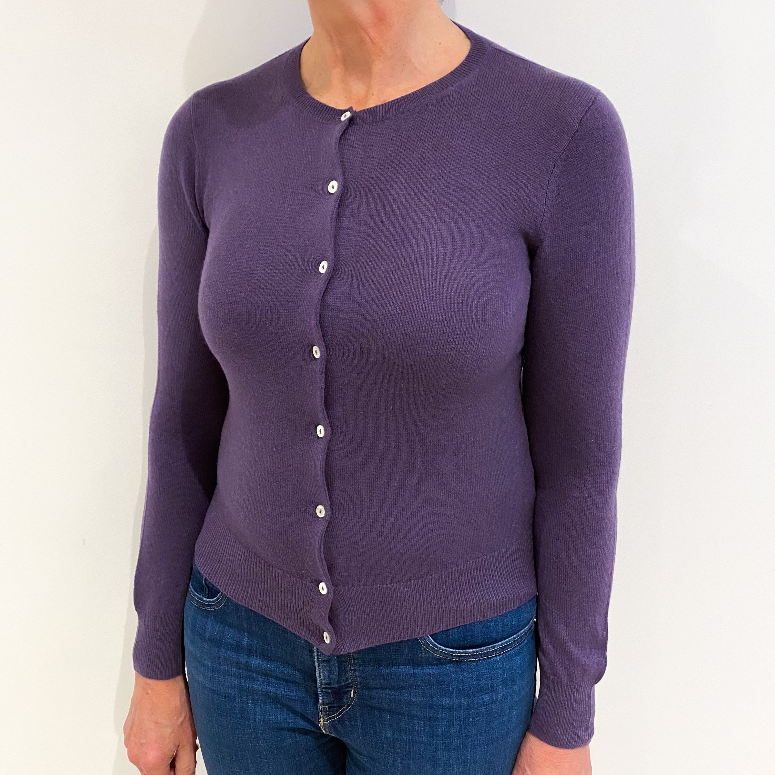 Aubergine Purple Crew Neck Cashmere Cardigan Medium