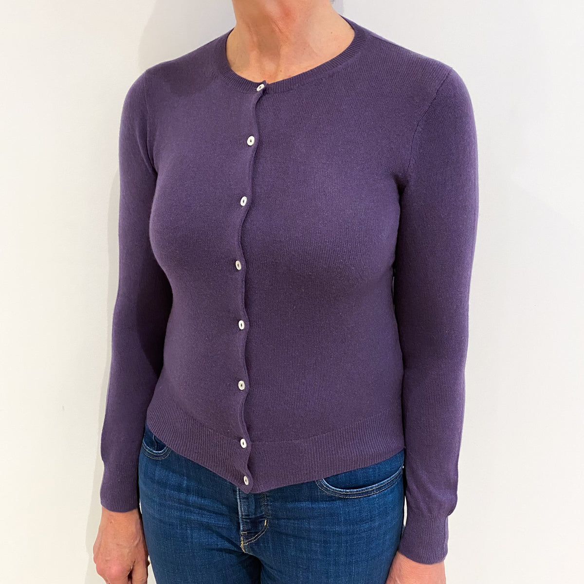 Aubergine Purple Crew Neck Cashmere Cardigan Medium