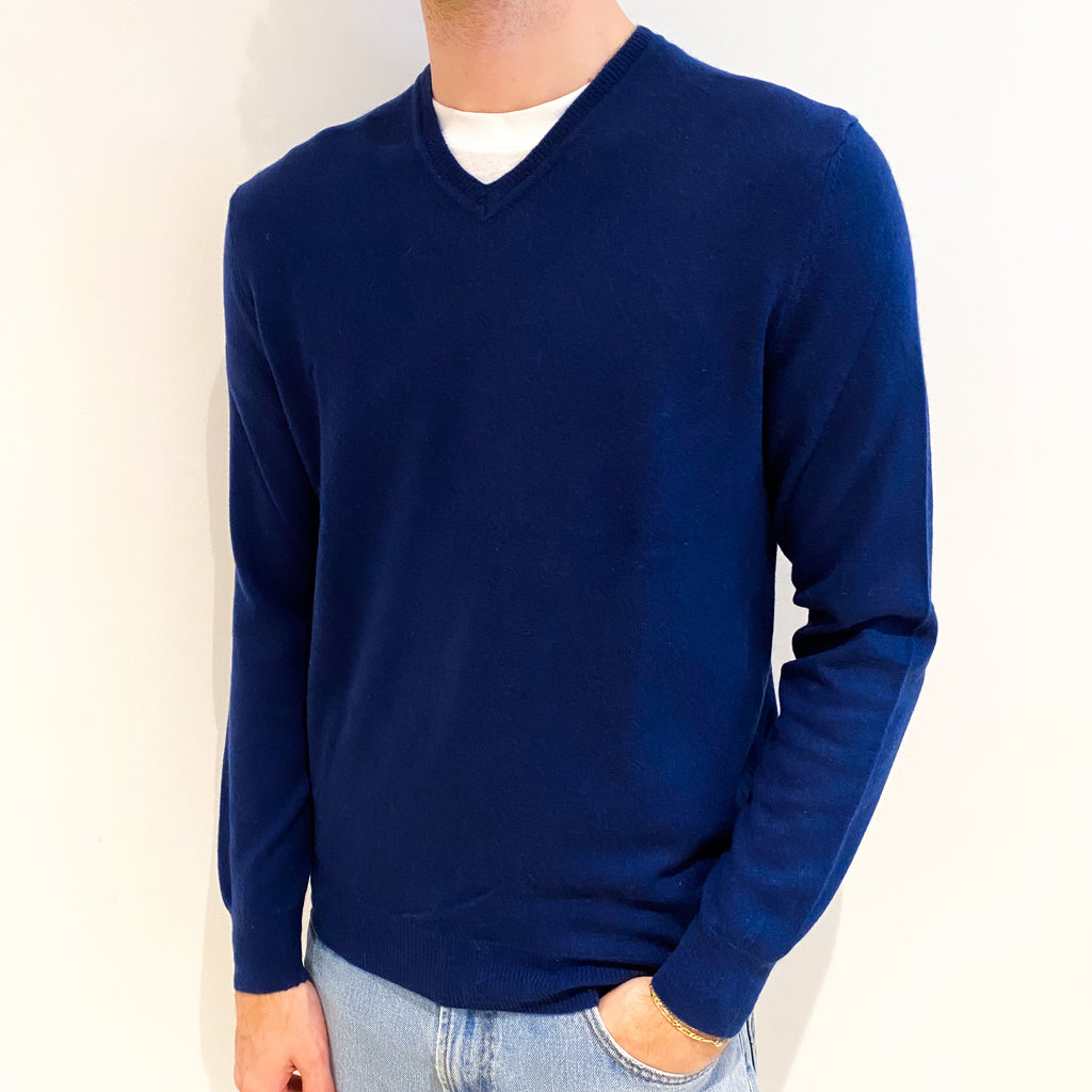 Men's French Navy Cashmere V Neck Jumper Medium