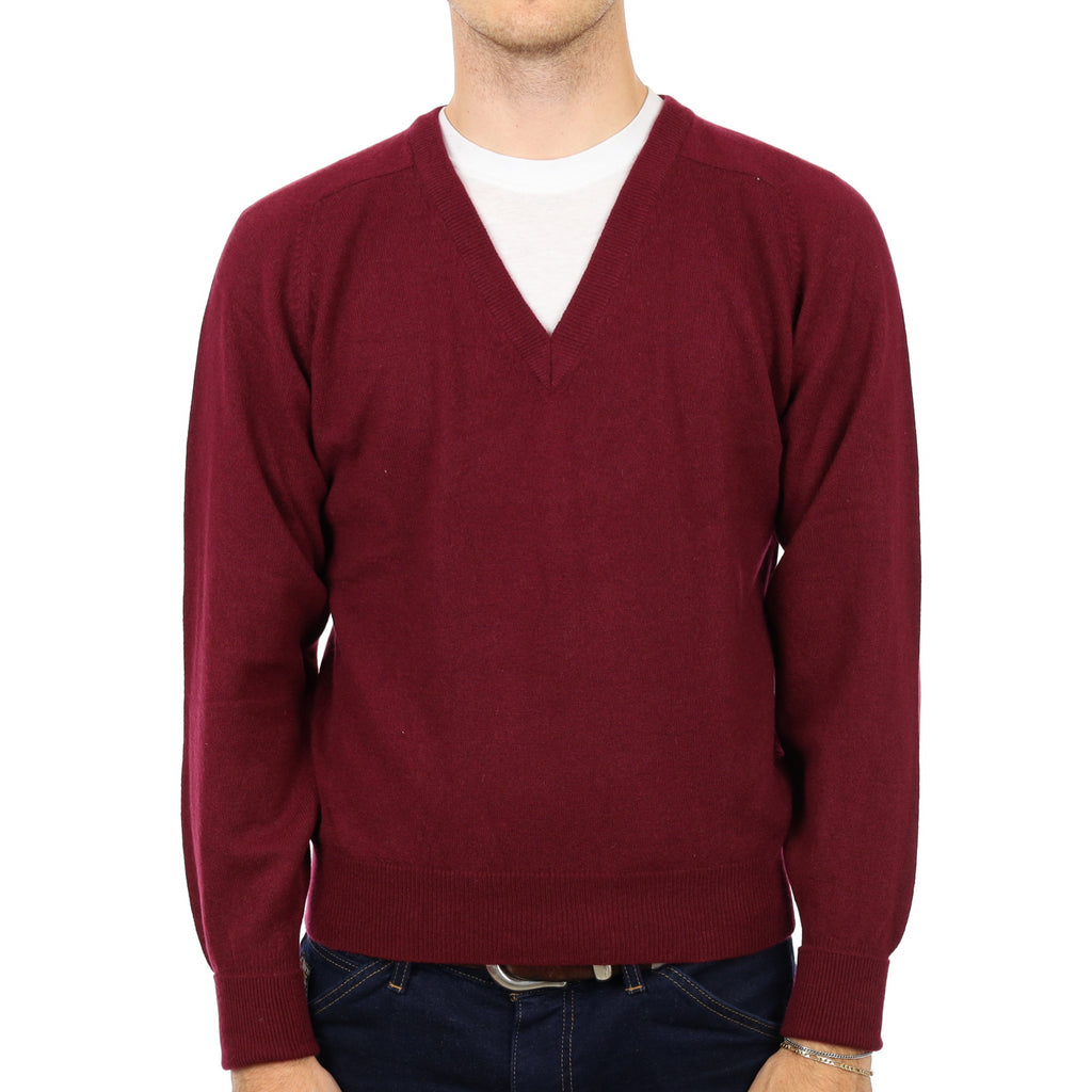Men's Wine Red Cashmere V Neck Jumper Medium