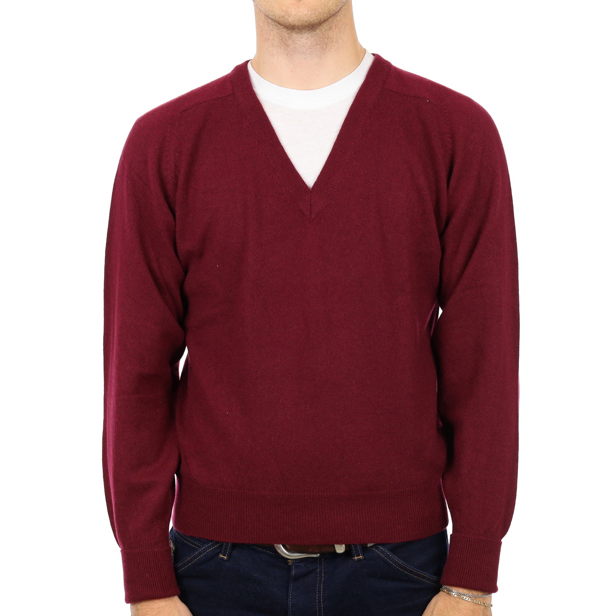 Men's Wine Red Cashmere V Neck Jumper Medium