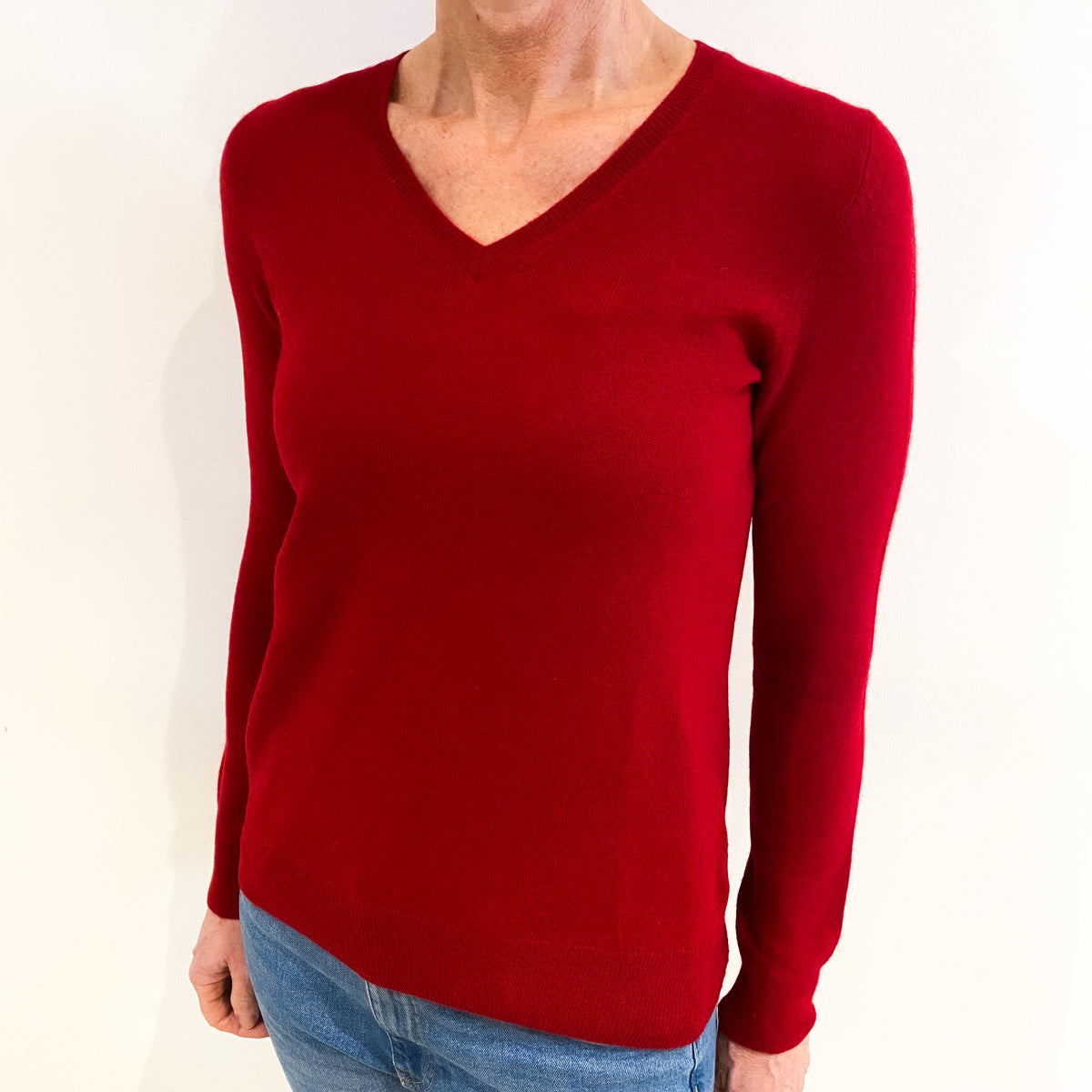 Post Box Red Cashmere V Neck Jumper Small