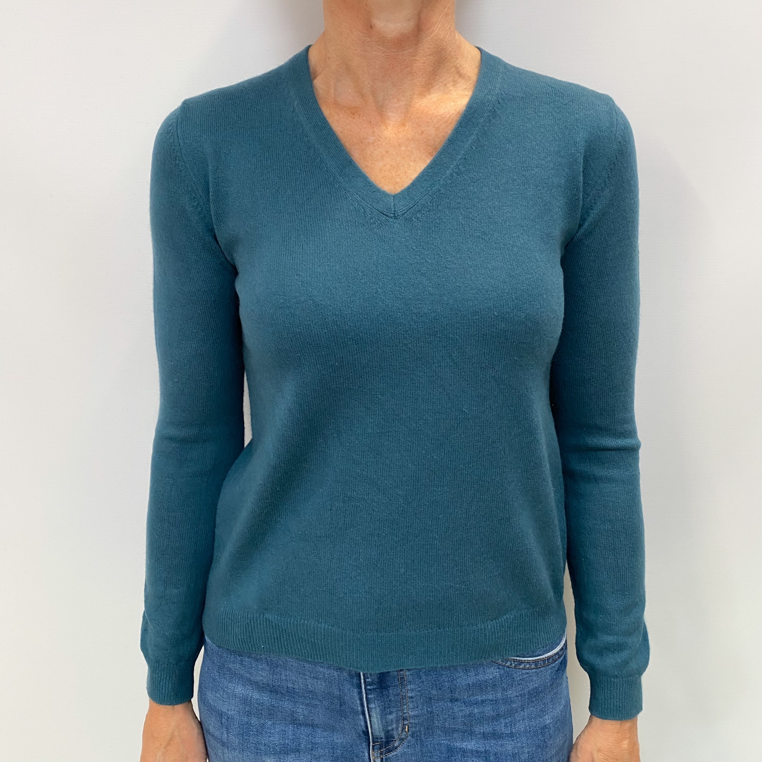 Dusky Petrol Blue Cashmere V Neck Jumper Small