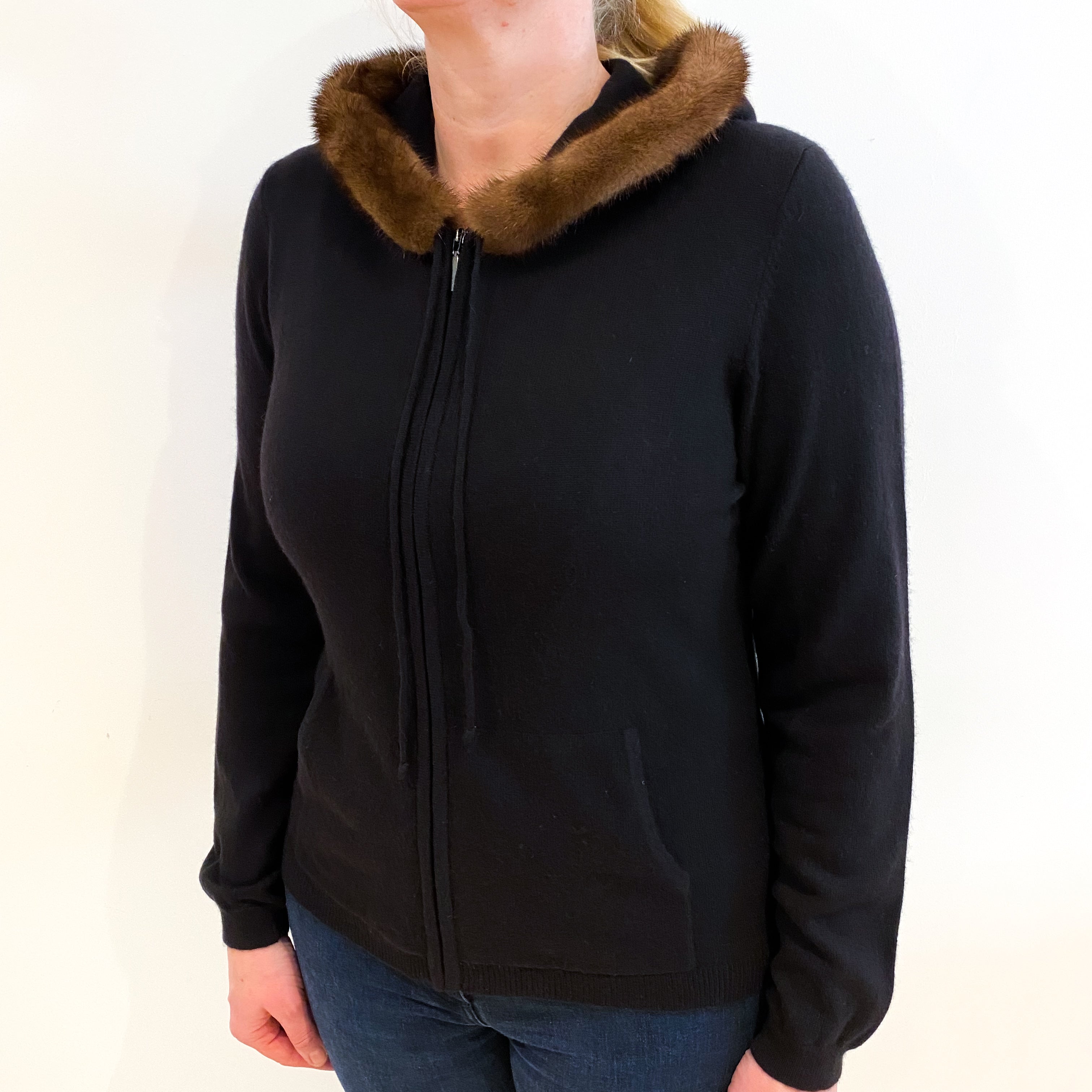 Black Faux Fur Trim Cashmere Zip Up Hoodie Large