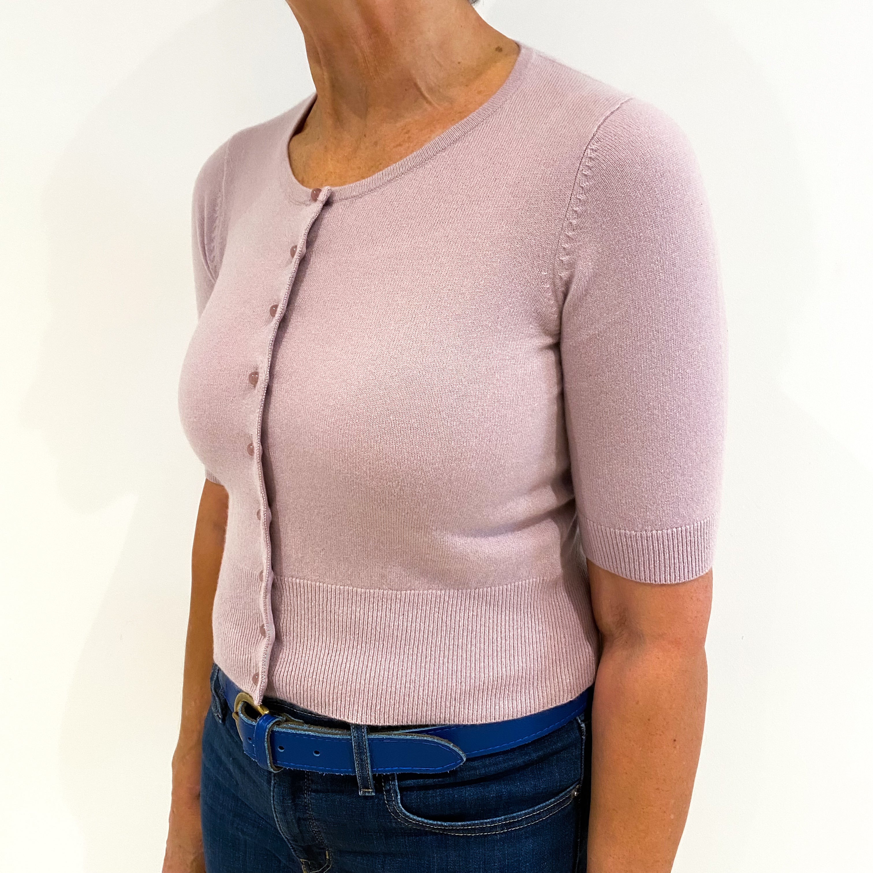 Pale Lilac Cashmere Short Sleeve Cardigan Medium
