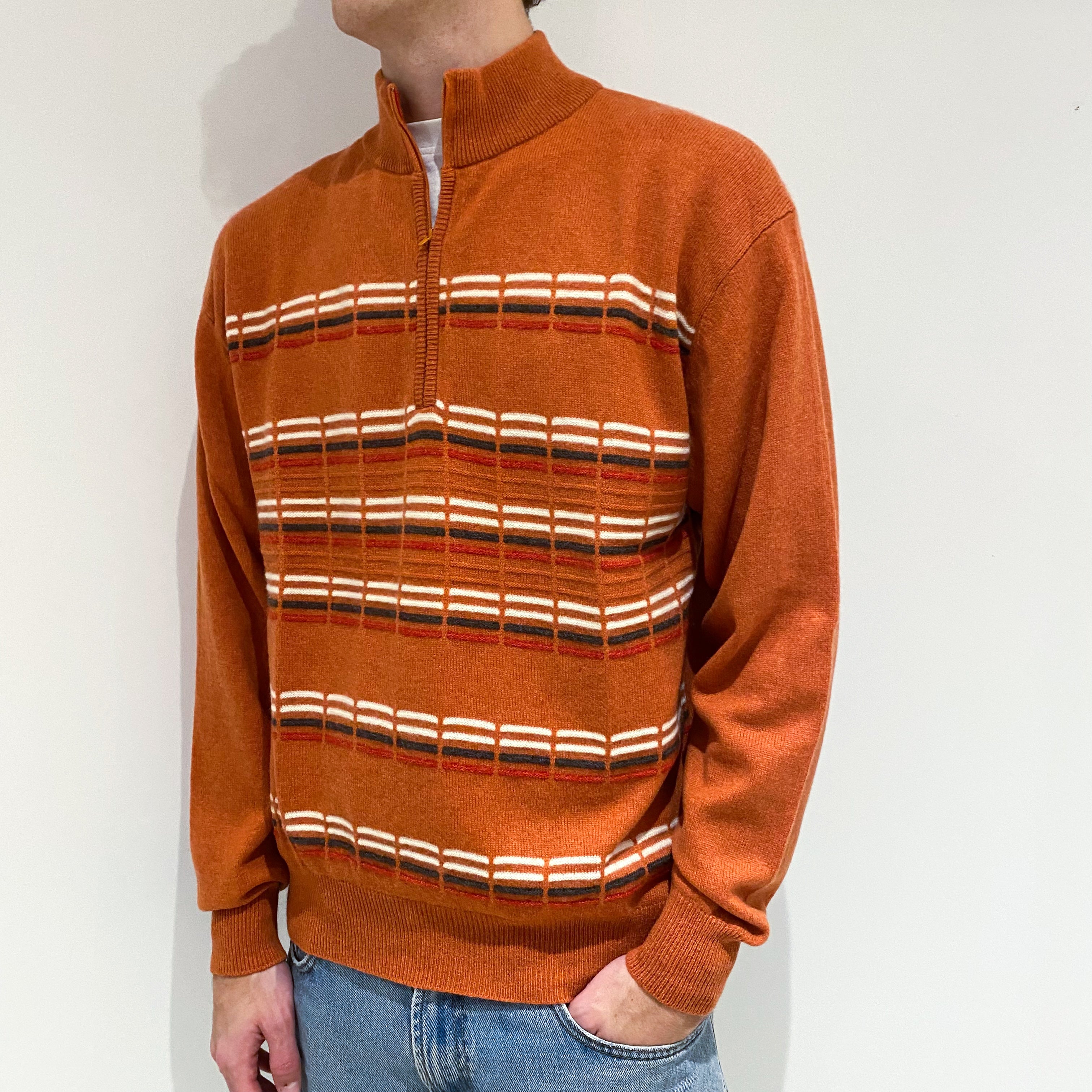 Men's Pumpkin Orange Stripe Cashmere 1/4 Zip Jumper Large