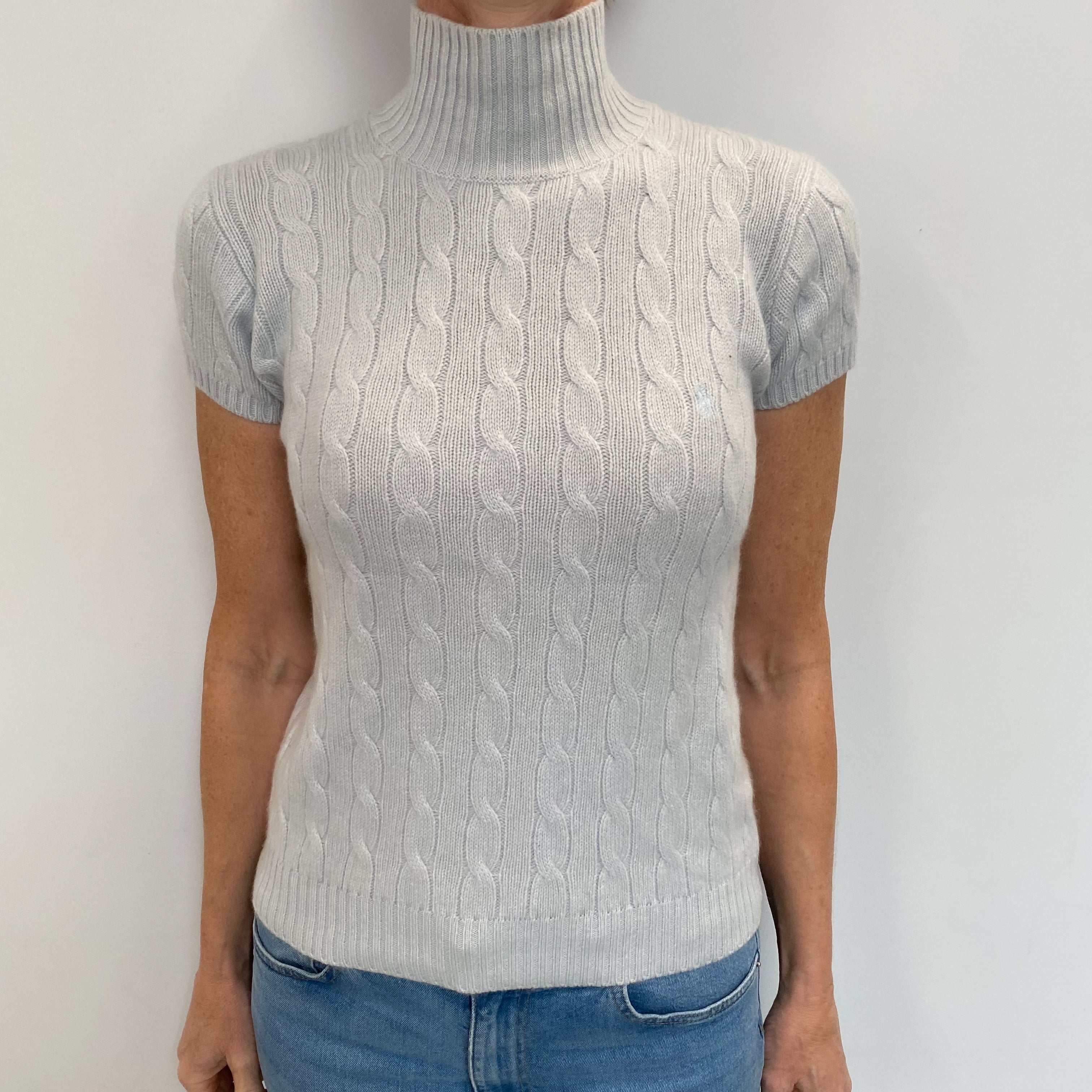 Ice Blue Cashmere Short Sleeved Cable Turtle Neck Jumper Small