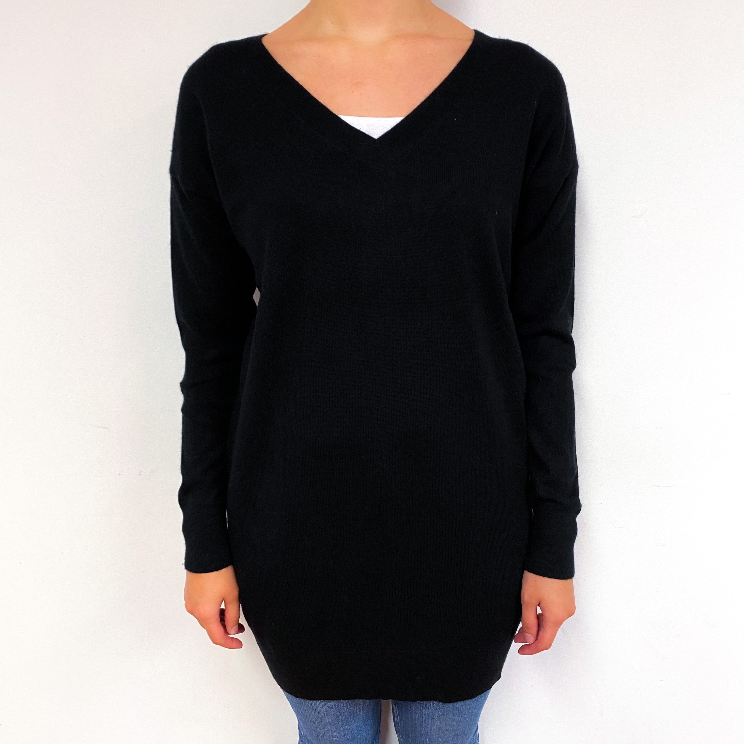 Black Longline Cashmere V-Neck Jumper Small