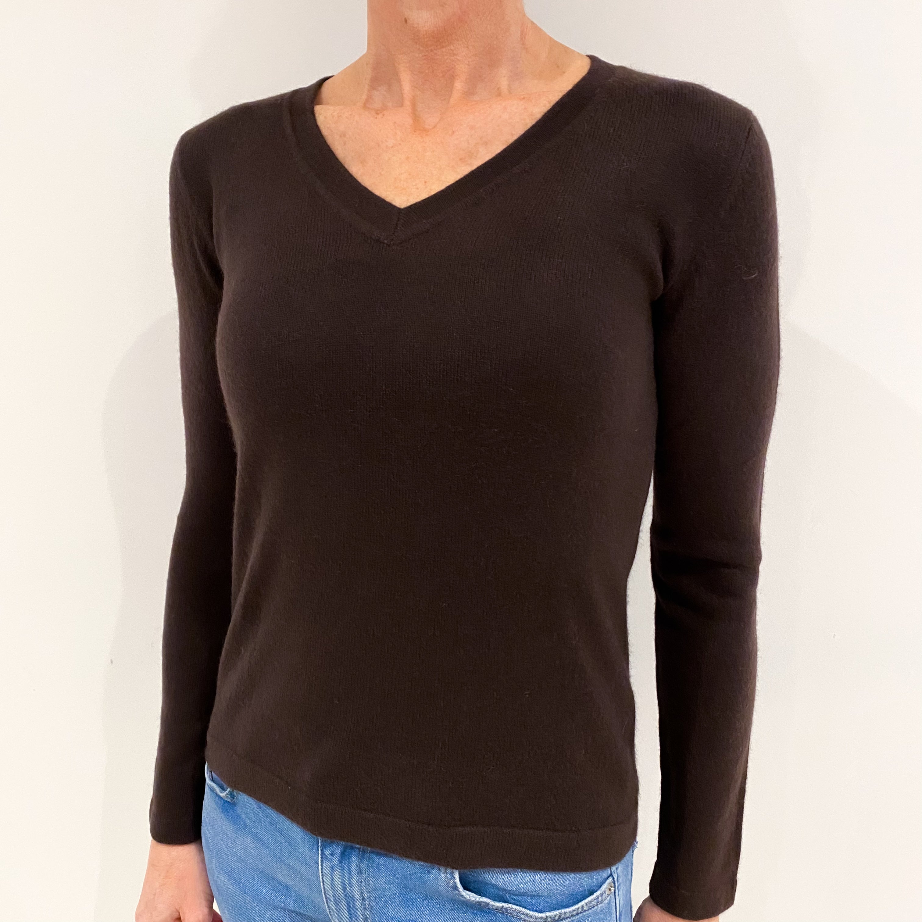Chocolate Brown Cashmere V Neck Jumper Small