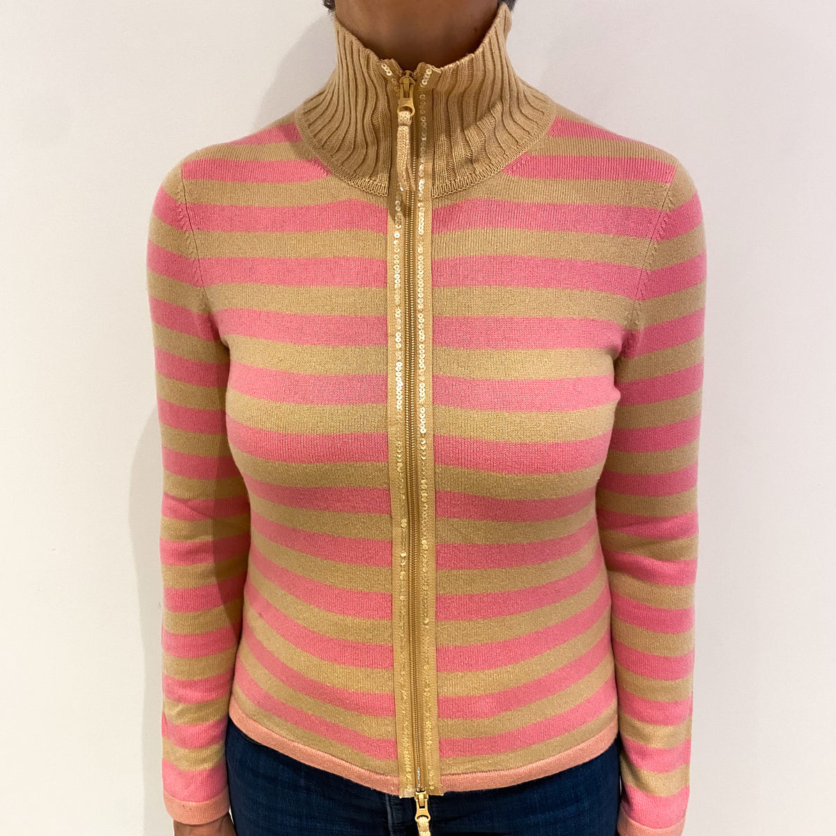 Caramel and Bubblegum Pink Stripe Cashmere Turtle Neck Zip Up Cardigan Medium
