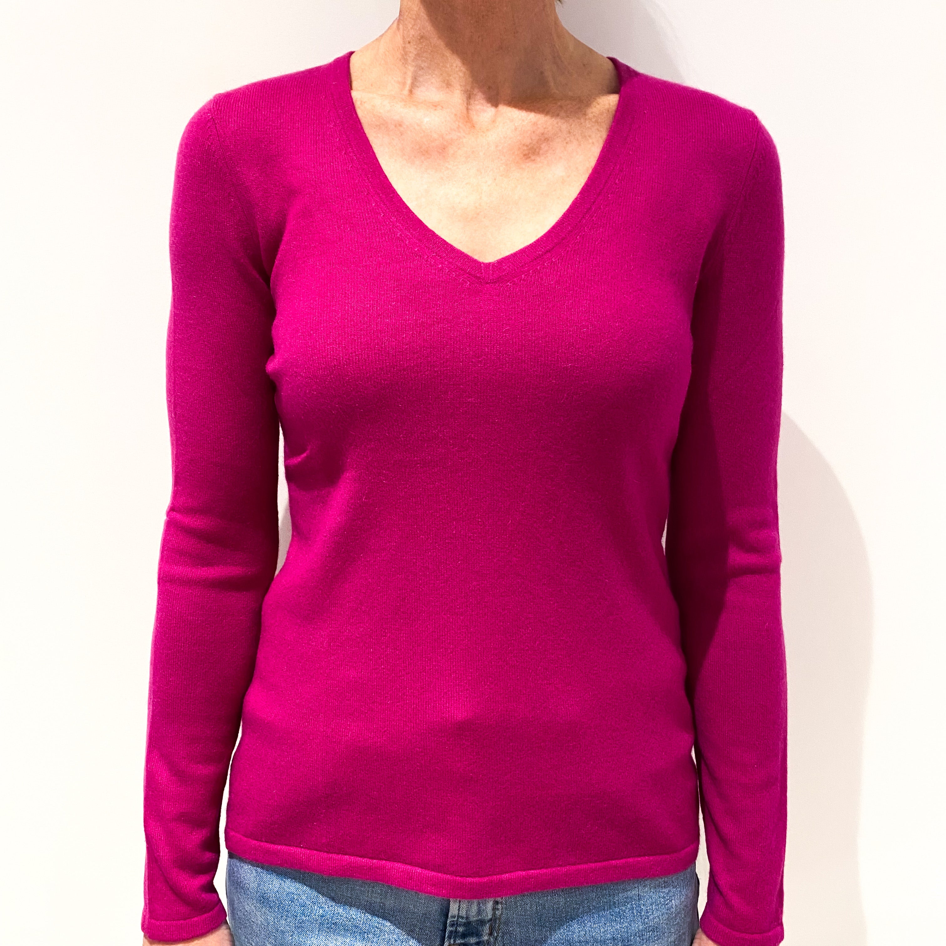 Magenta Pink Cashmere V-Neck Jumper Small