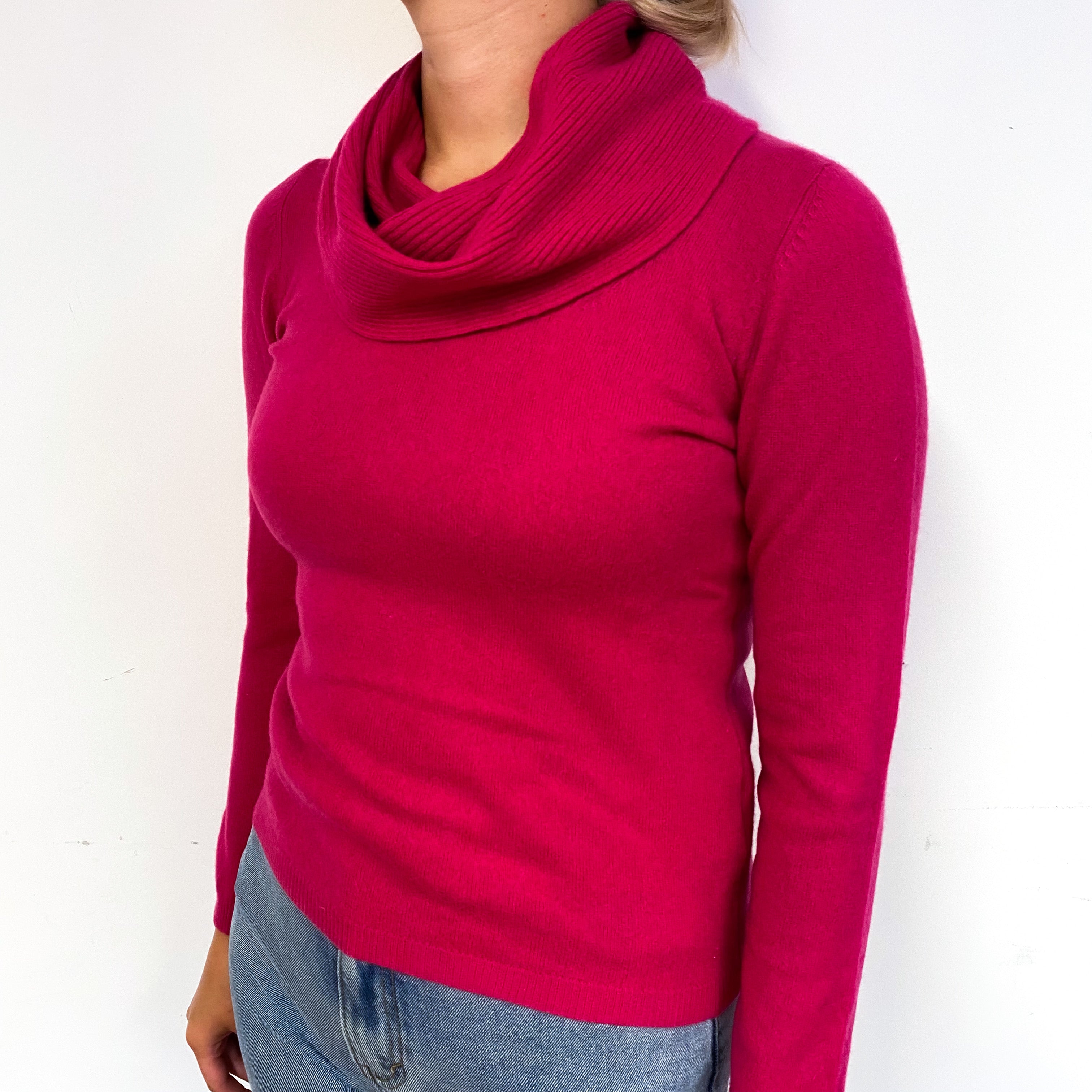 Fuchsia Pink Cashmere Polo Neck Jumper Small