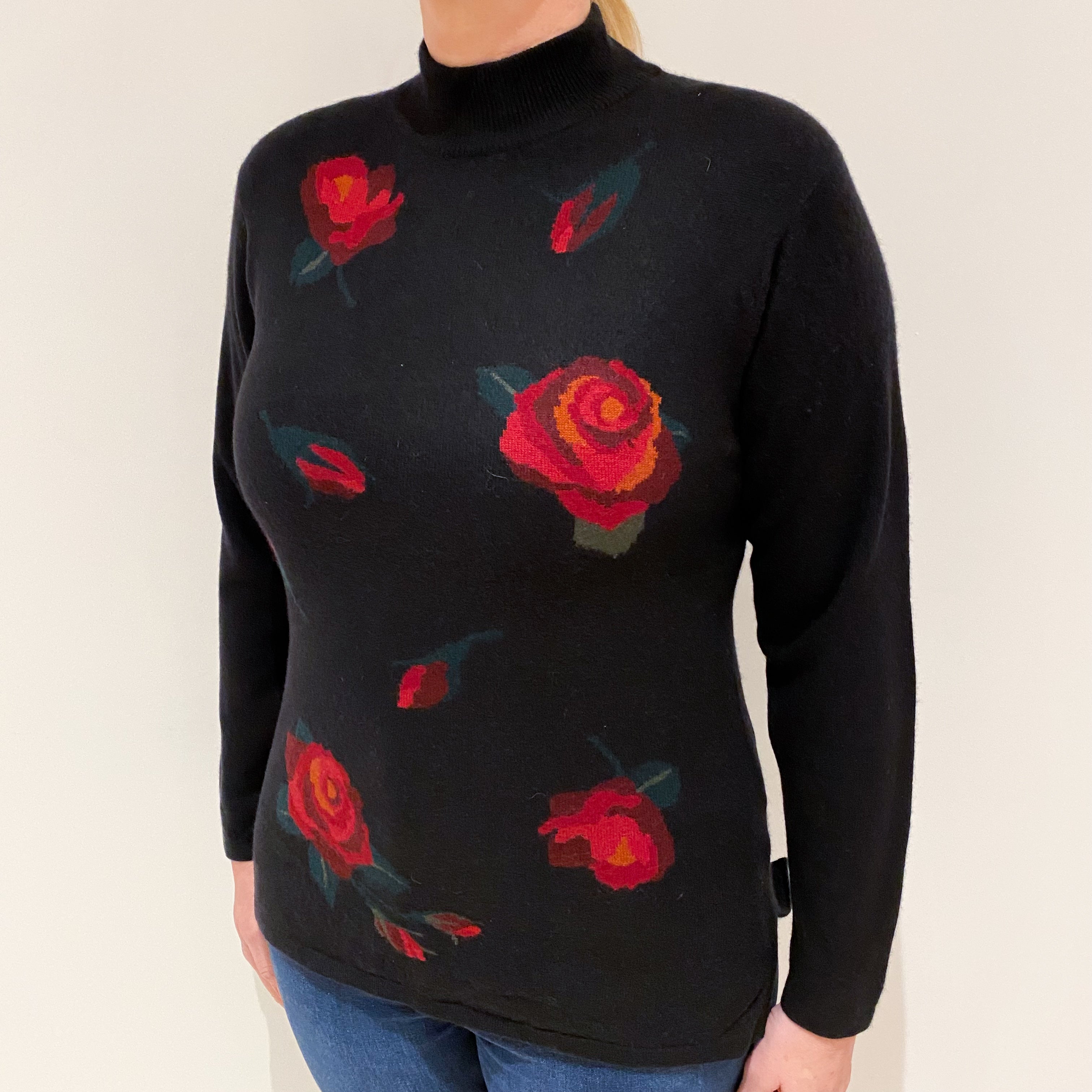 Black Red Floral Cashmere Turtle Neck Jumper Large