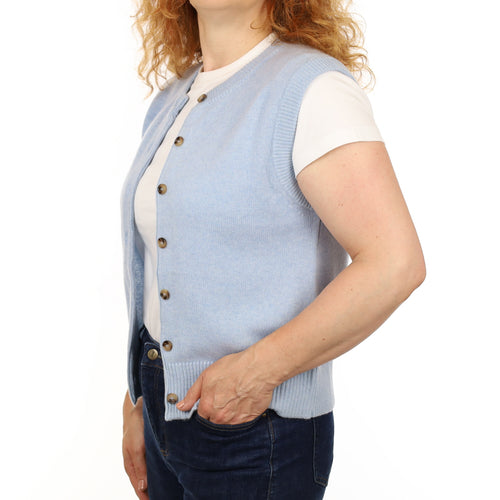 Brand New Baby Blue Luxury Cashmere Crew Neck Waistcoat Medium UK 12-14
