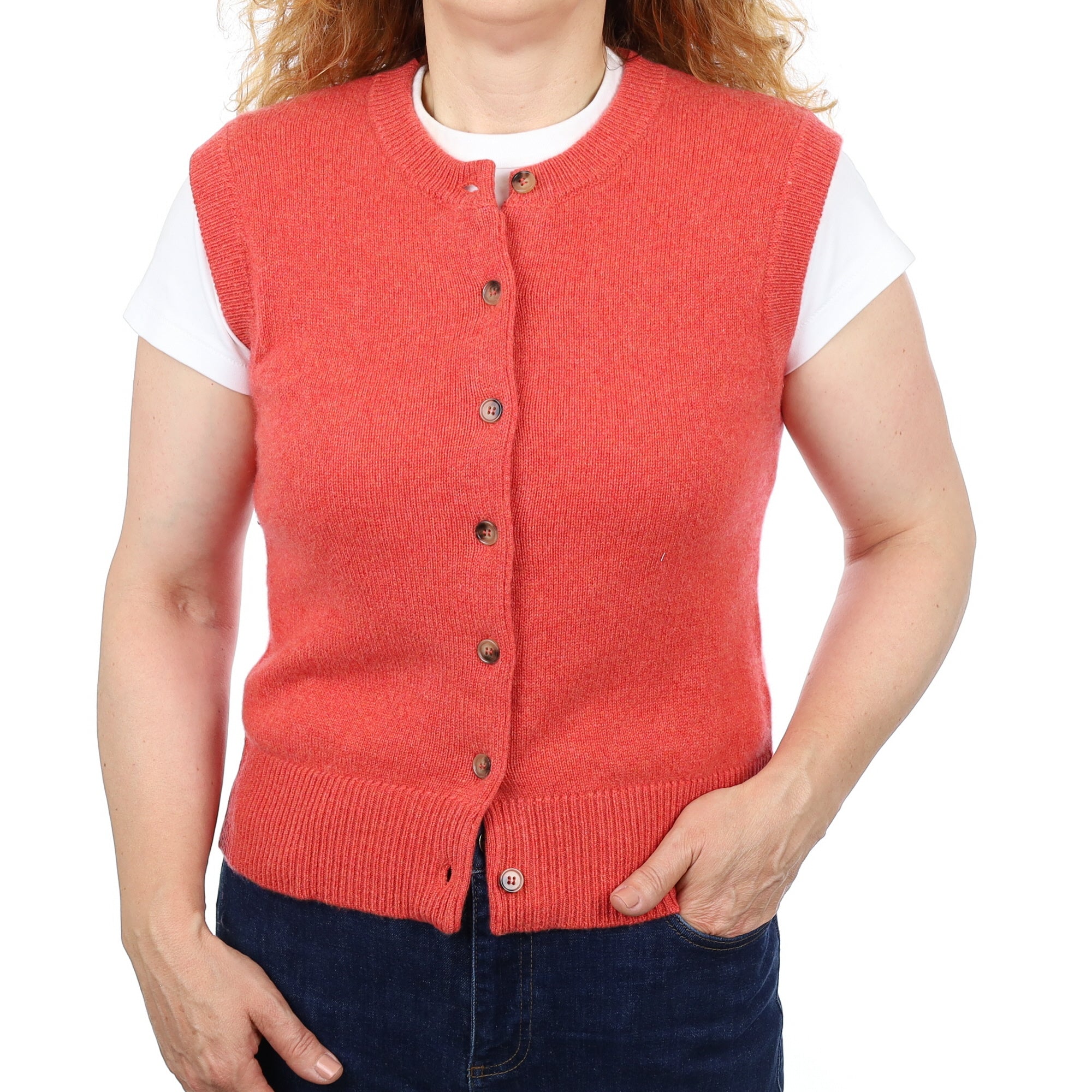 Brand New Watermelon Orange Luxury Cashmere Crew Neck Waistcoat Medium UK 12-14