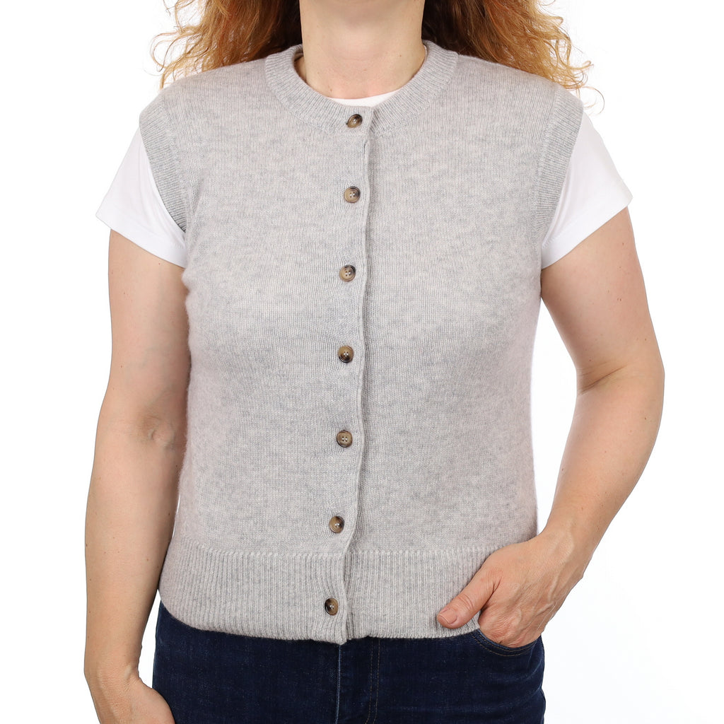 Brand New Mist Grey Luxury Cashmere Crew Neck Waistcoat Medium UK 12-14