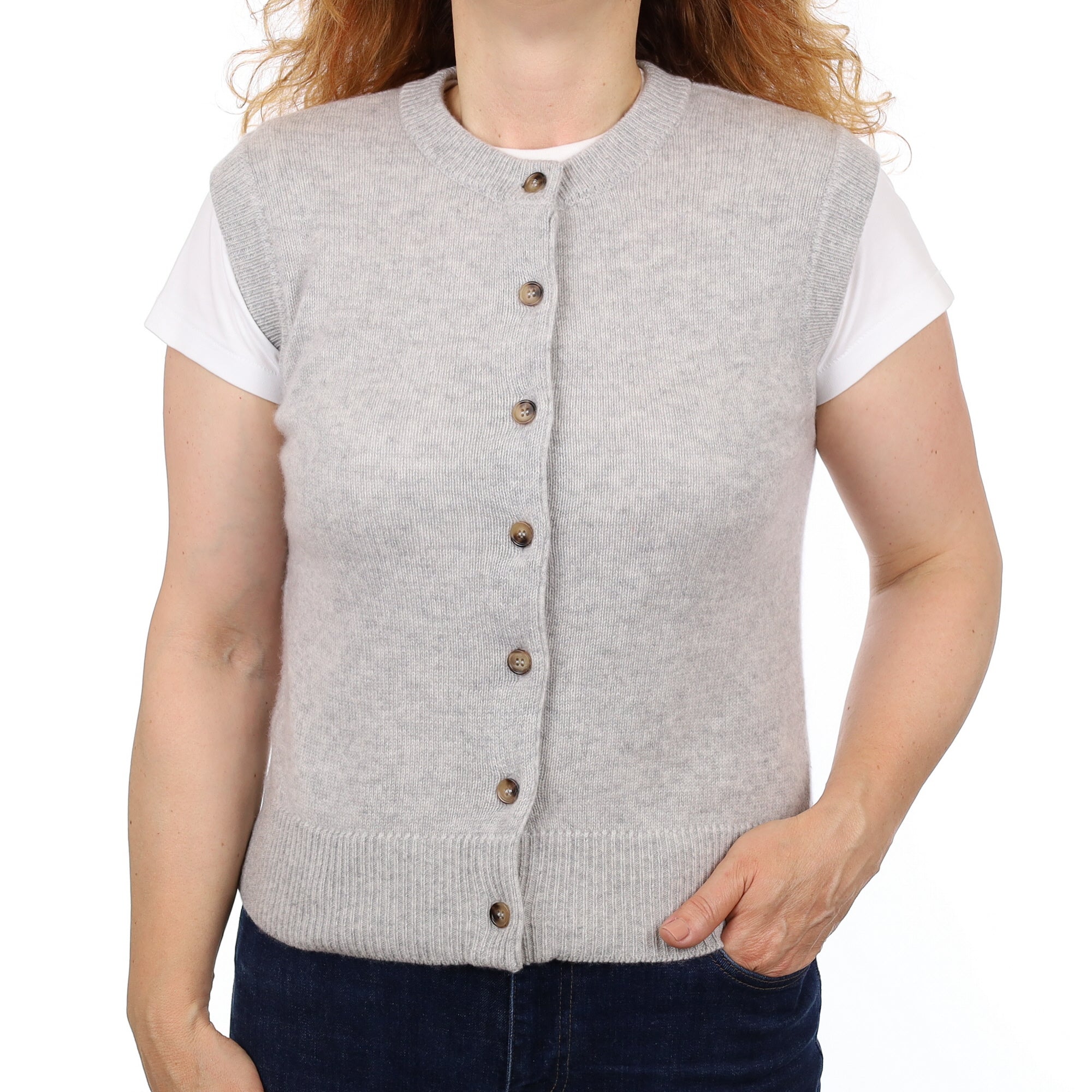 Brand New Mist Grey Luxury Cashmere Crew Neck Waistcoat Medium UK 12-14