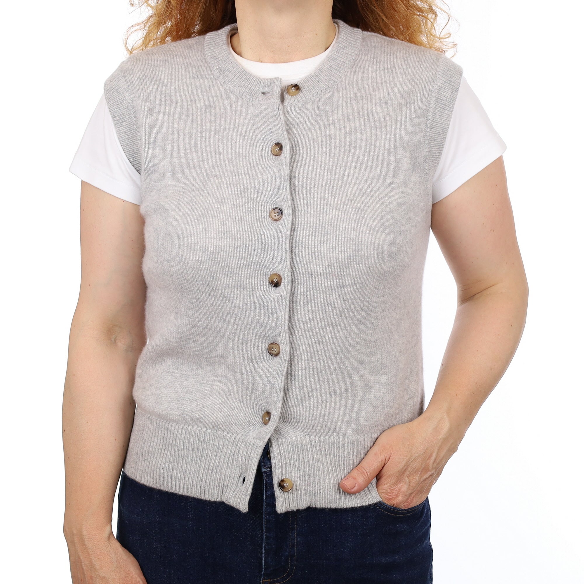 Brand New Mist Grey Luxury Cashmere Crew Neck Waistcoat Medium UK 12-14