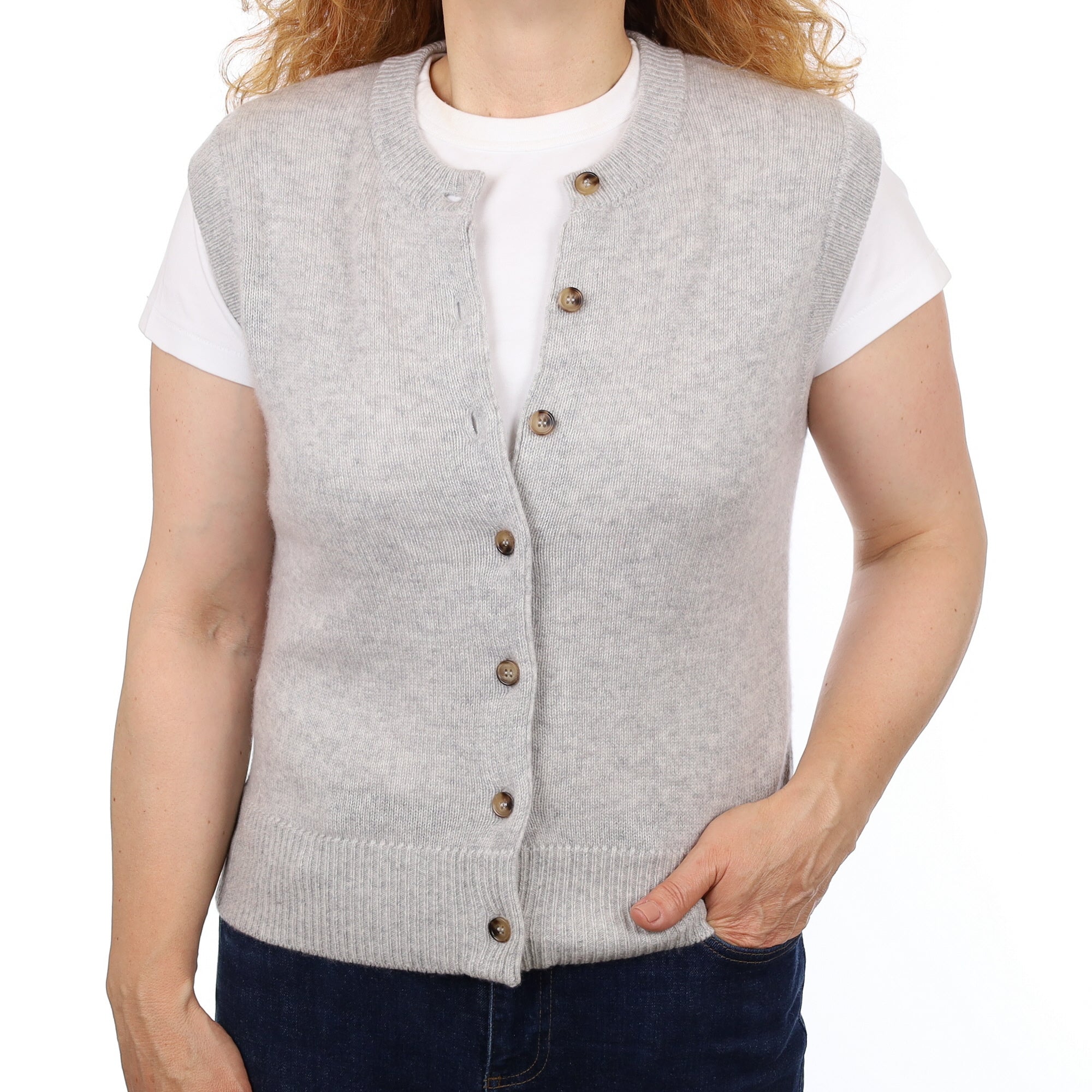 Brand New Mist Grey Luxury Cashmere Crew Neck Waistcoat Medium UK 12-14