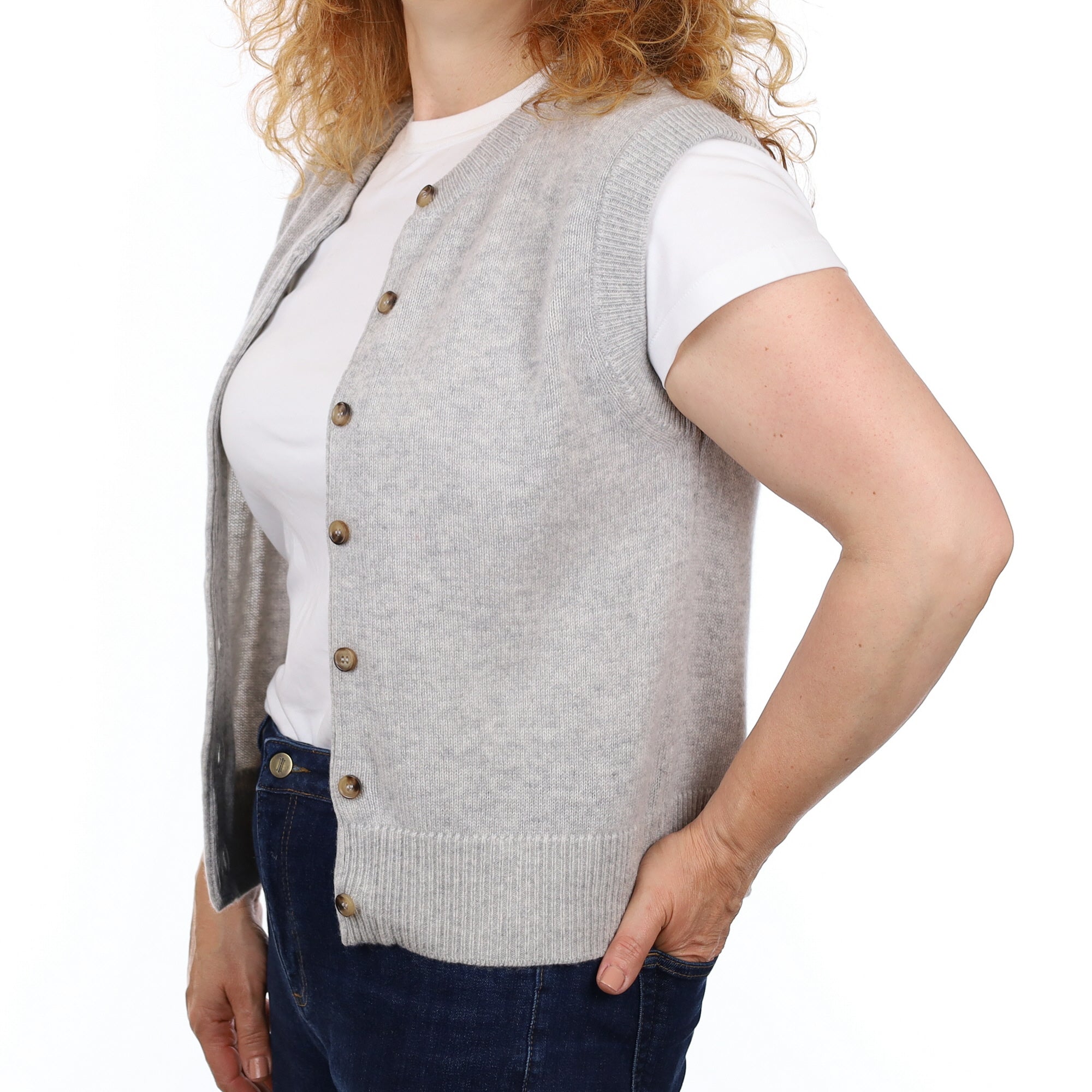 Brand New Mist Grey Luxury Cashmere Crew Neck Waistcoat Medium UK 12-14
