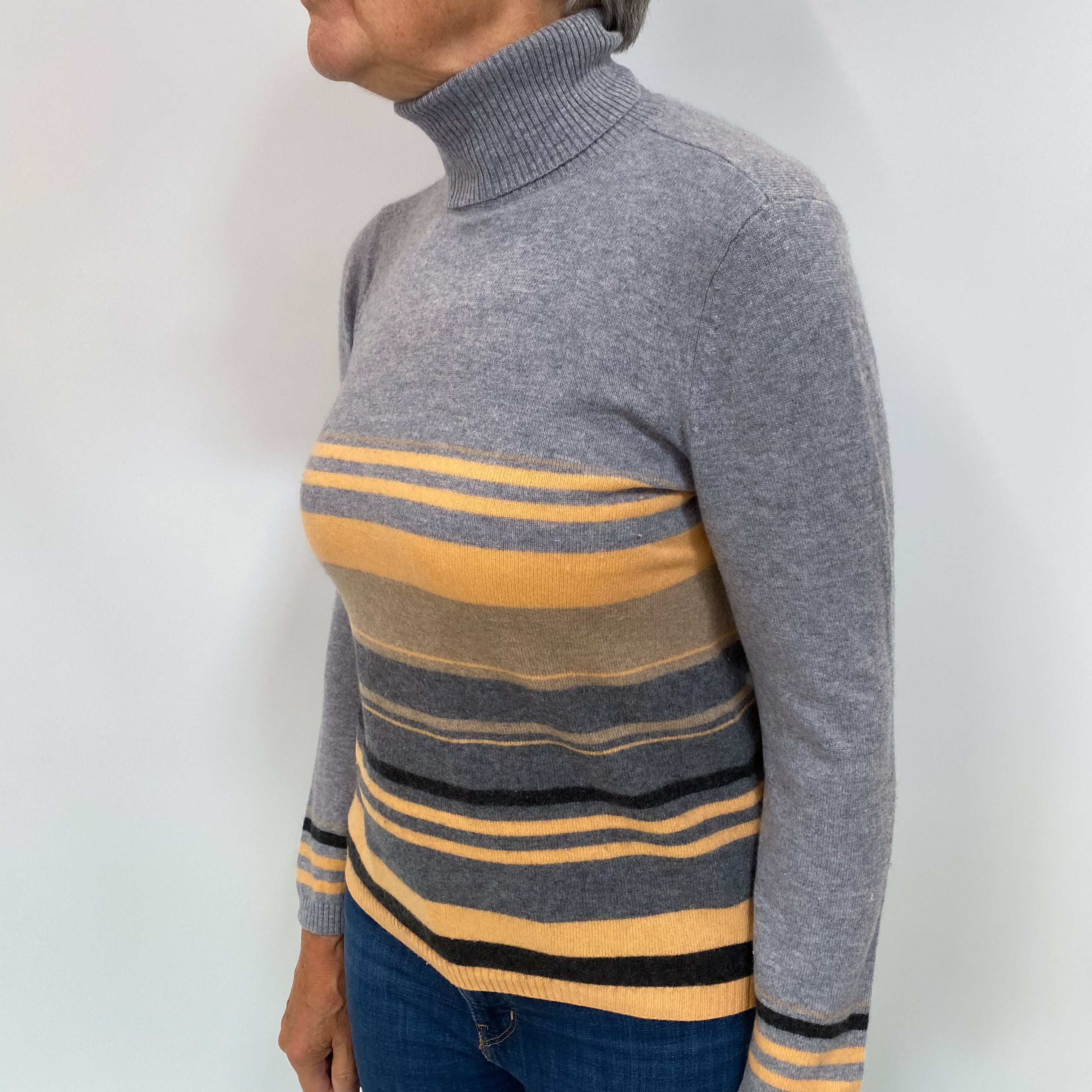 Smoke Grey and Orange Striped Cashmere Polo Neck Jumper Medium
