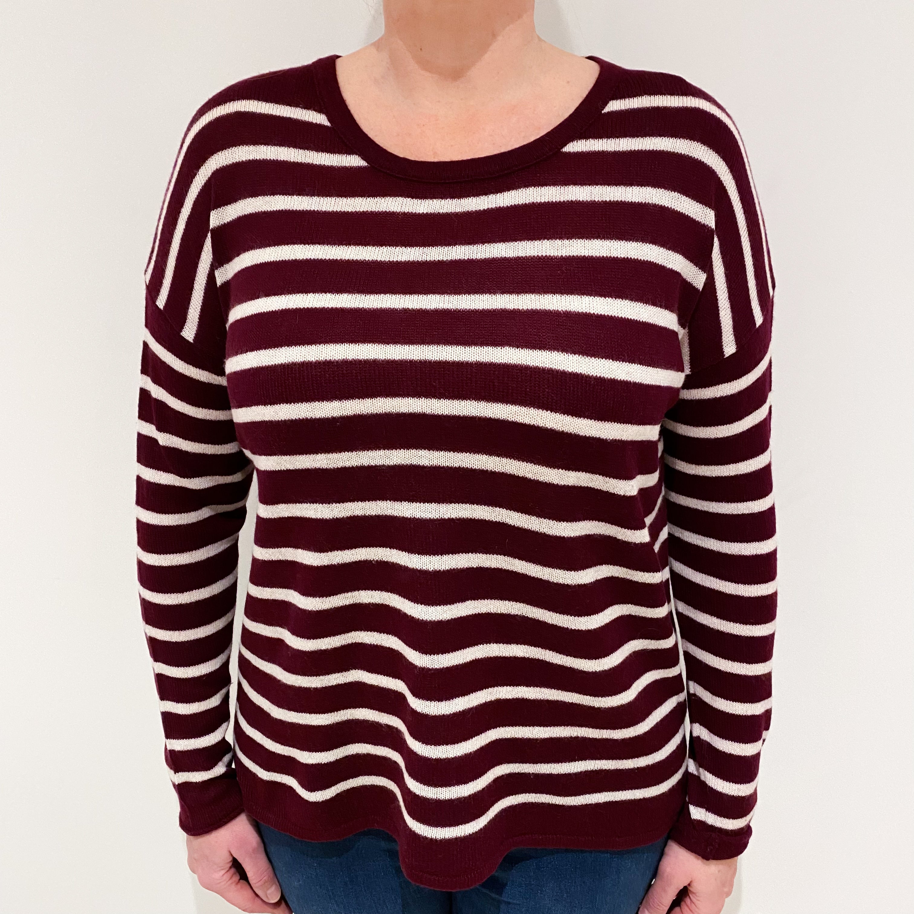 Wine Red and White Striped Lightweight Cashmere Crew Neck Jumper Large