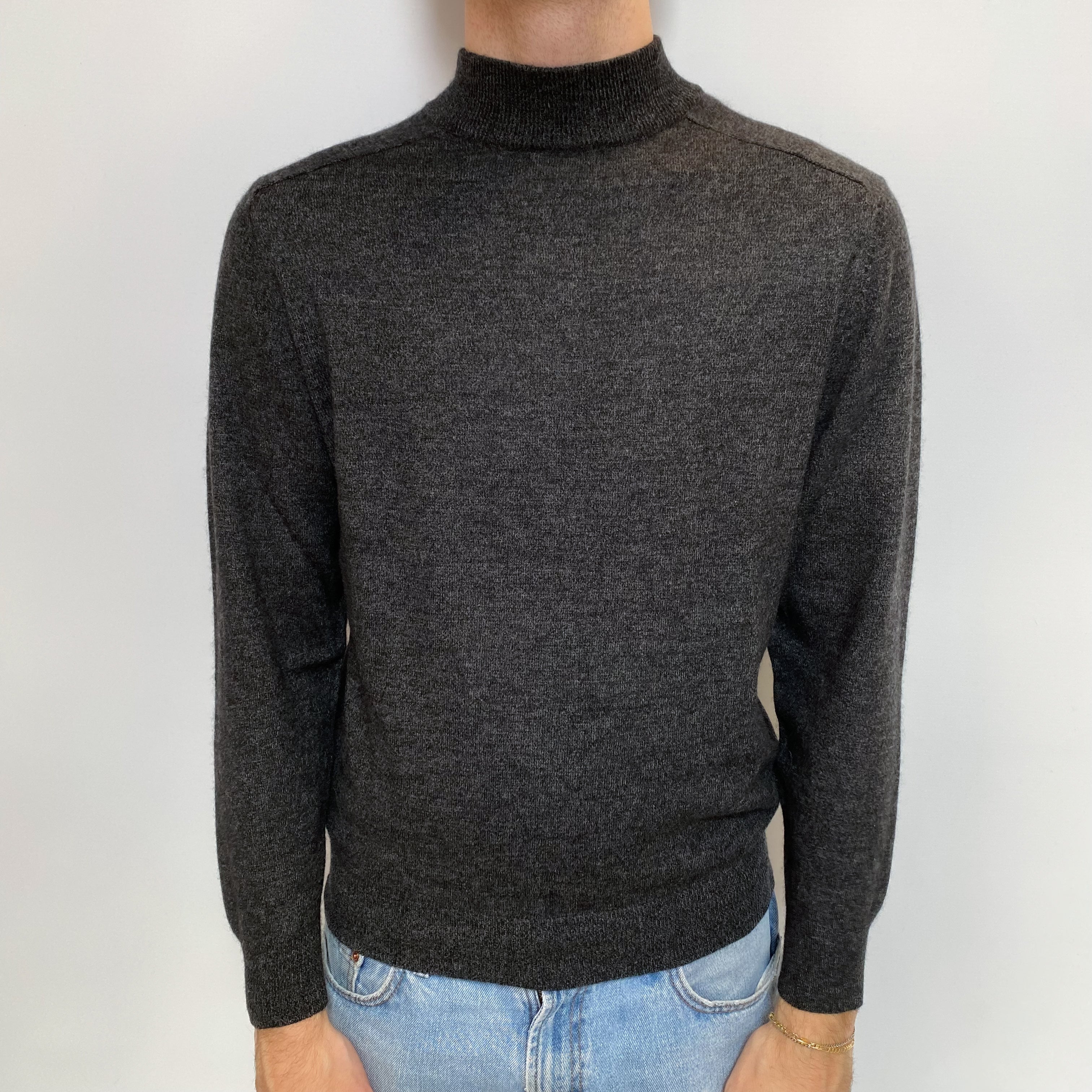 Men's Dark Grey Cashmere Turtle Neck Jumper Large