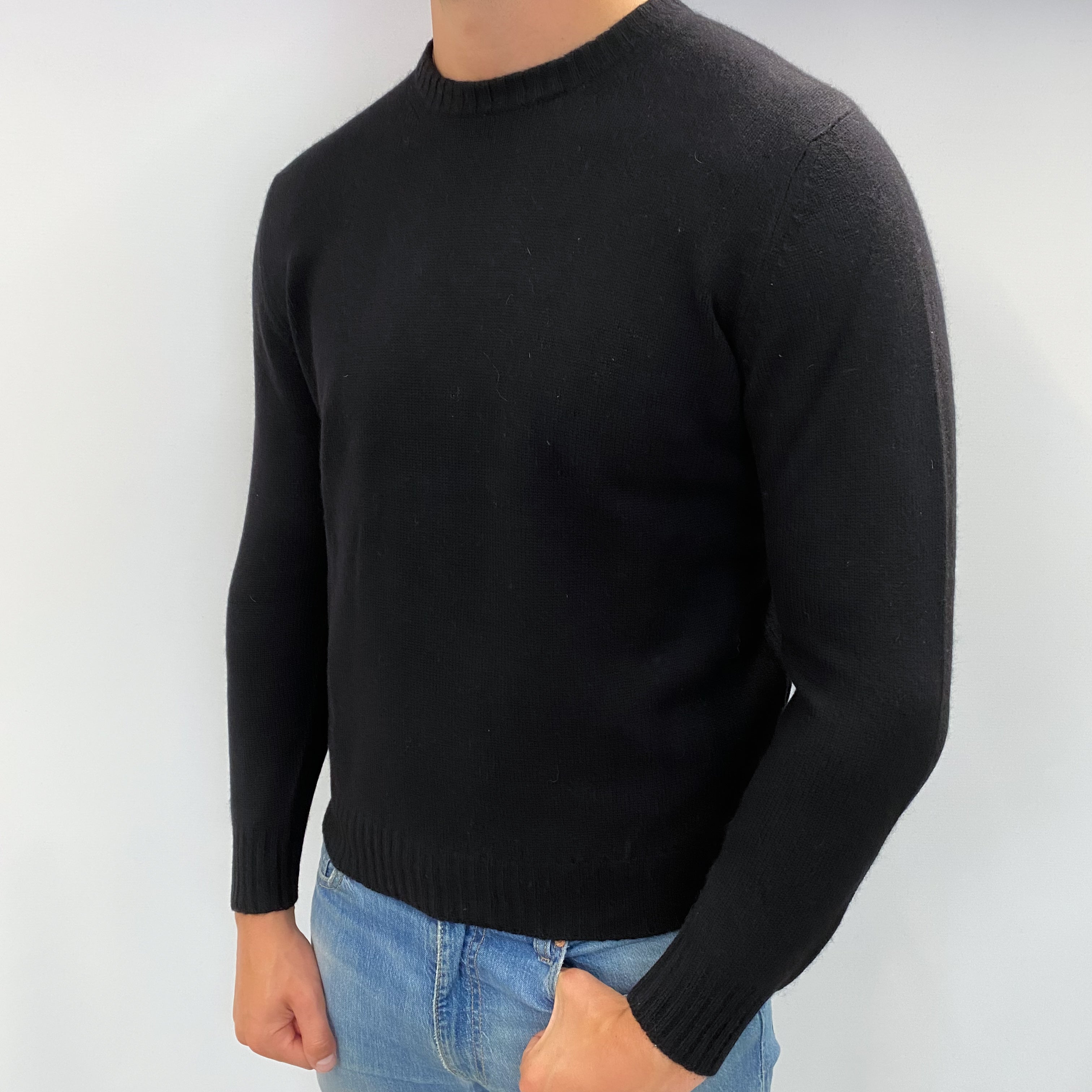 Men's Italian Black Cashmere Crew Neck Jumper XL