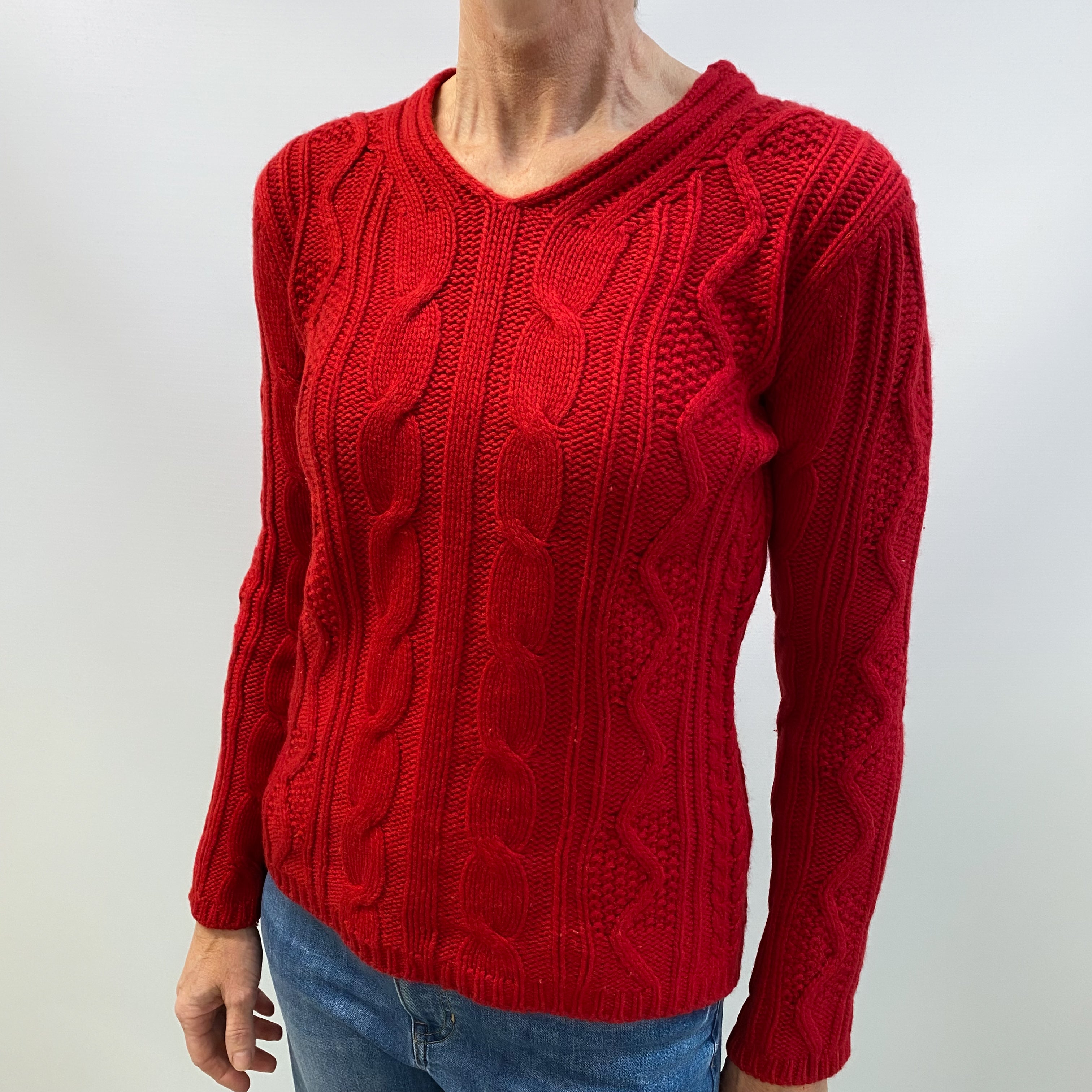 Post Box Red Cashmere V Neck Cable Knit Jumper Small