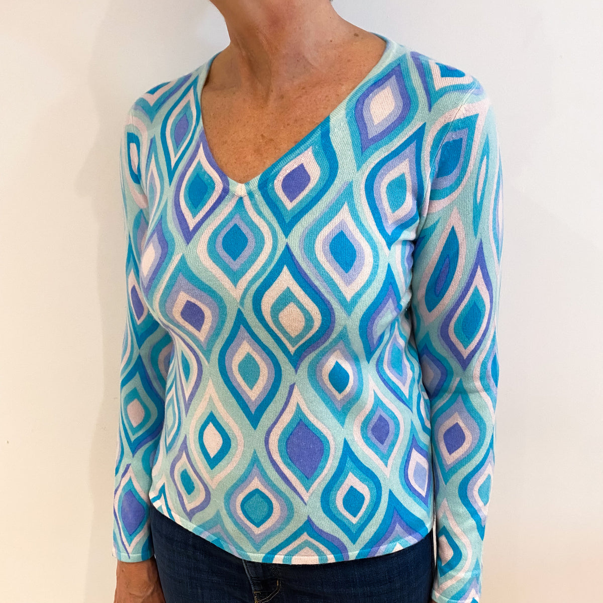 Aqua Blue Patterned Cashmere V Neck Jumper Medium