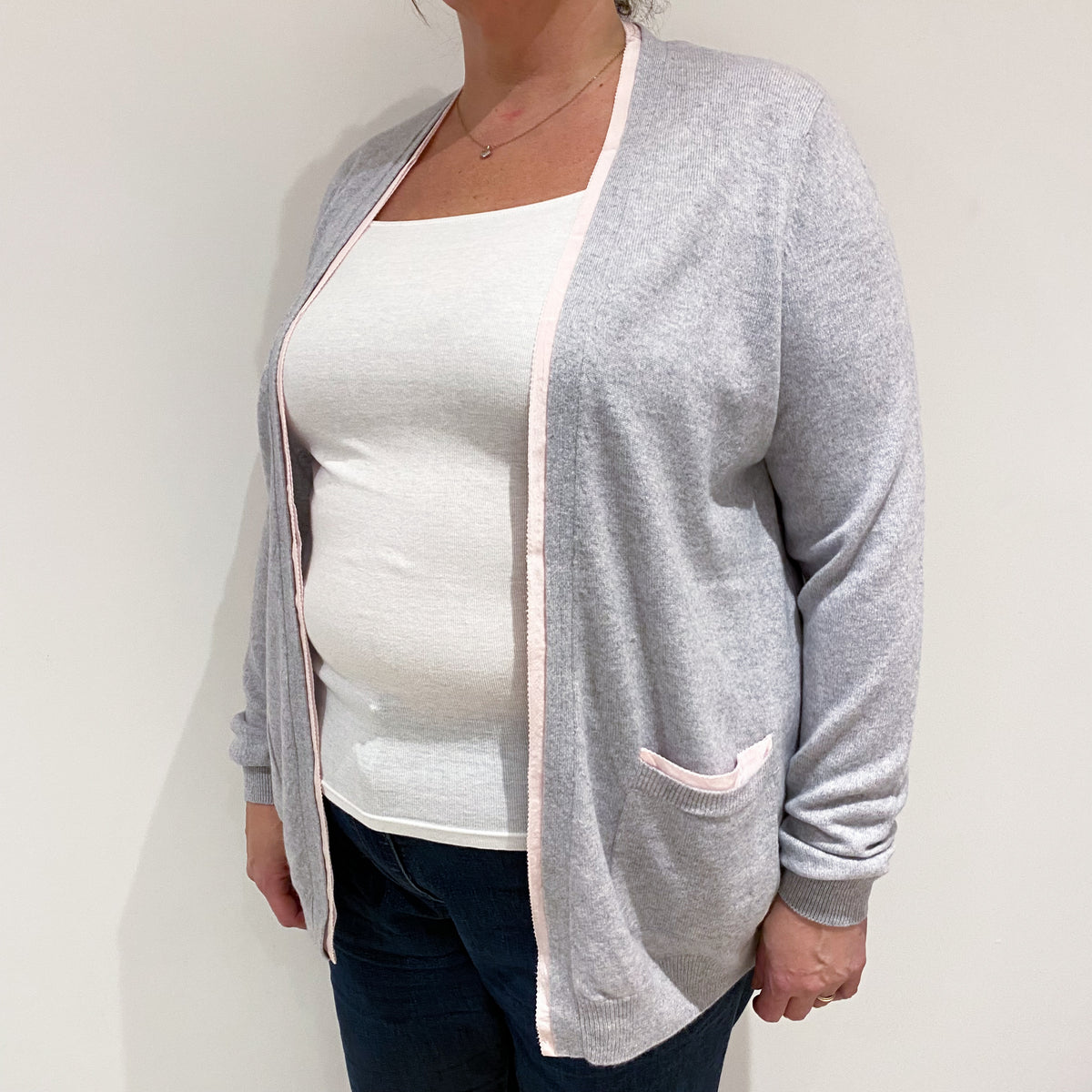 Smoke Grey Pink Trim Cashmere Edge to Edge Cardigan Extra Large