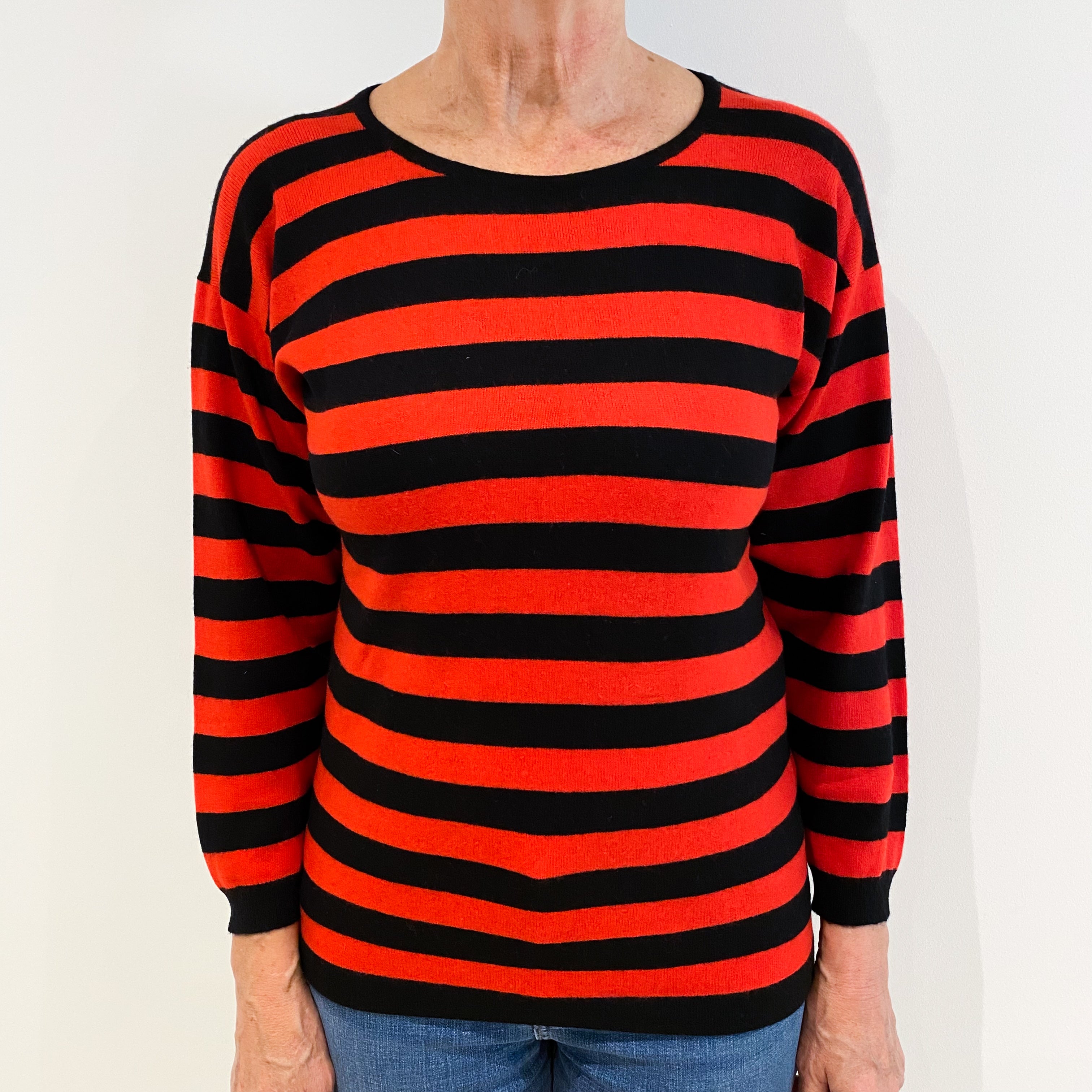 Vintage Scottish Black and Red Striped Cashmere Crew Neck Jumper Medium