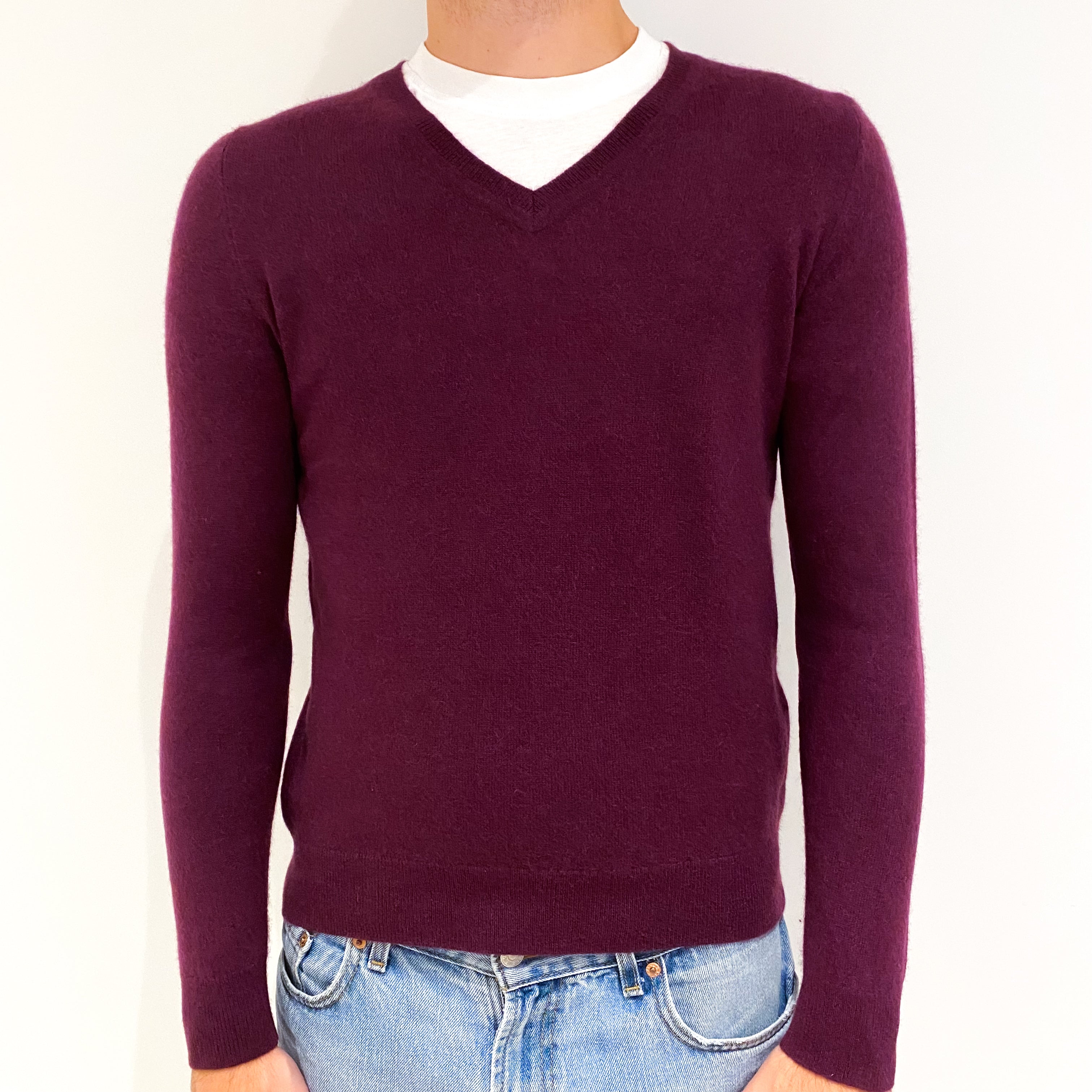 Men's Mulberry Purple Cashmere V-Neck Jumper Medium