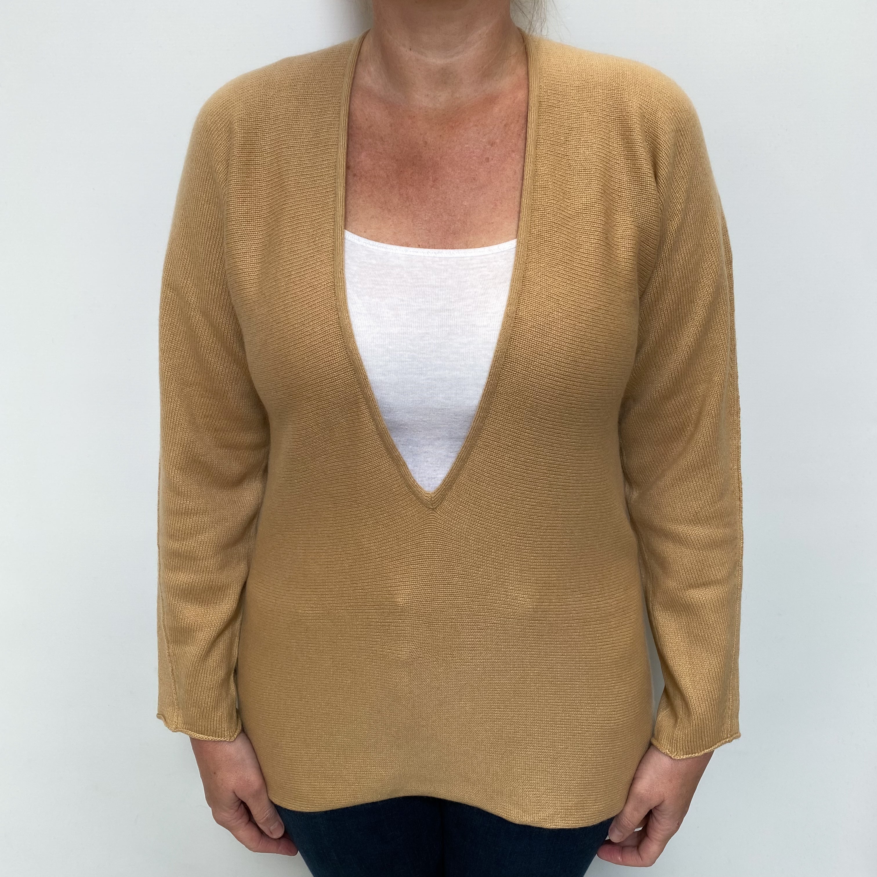 Camel Brown Cashmere Deep V Neck Jumper Large