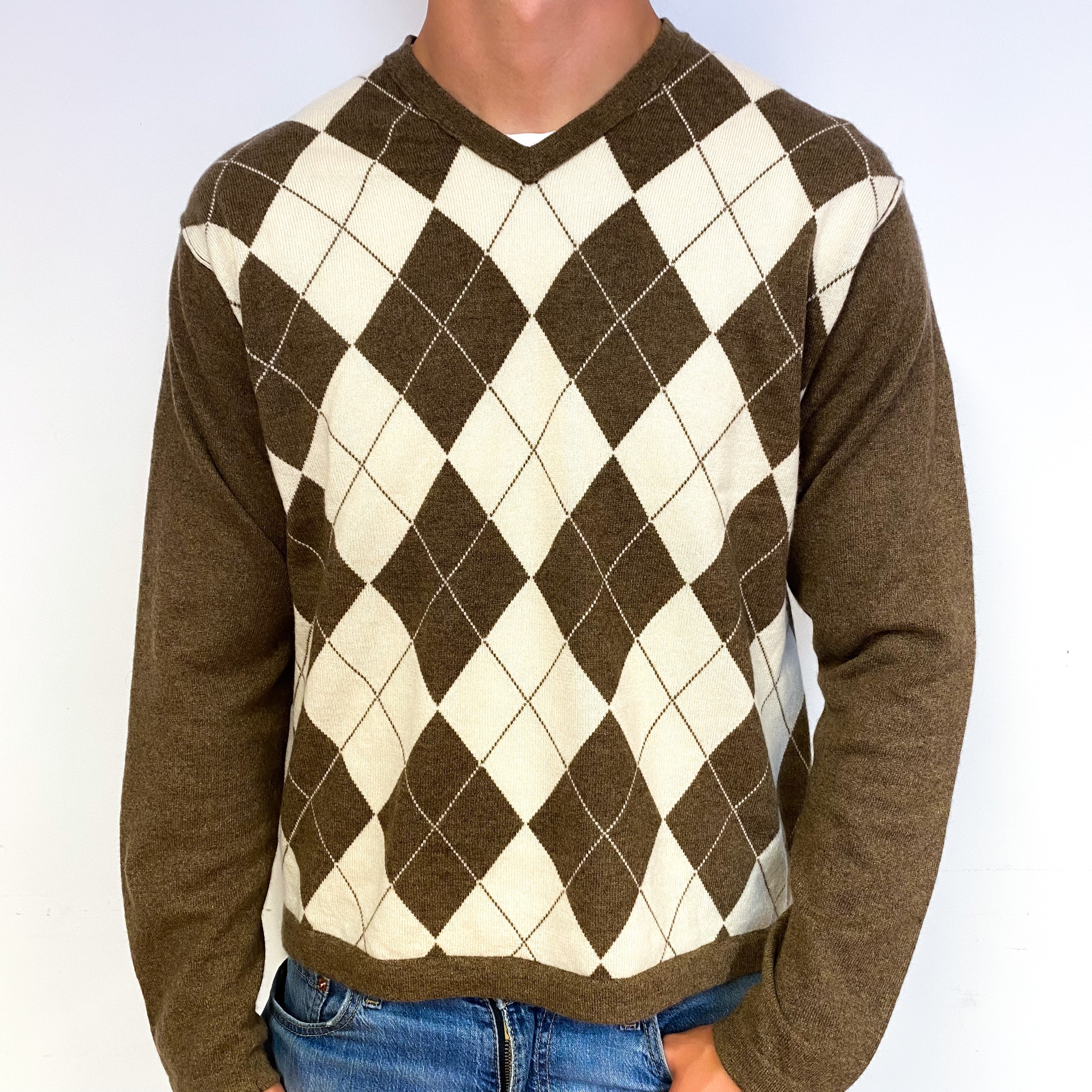 Men's Cream Brown Argyle Cashmere V-Neck Jumper Extra Large