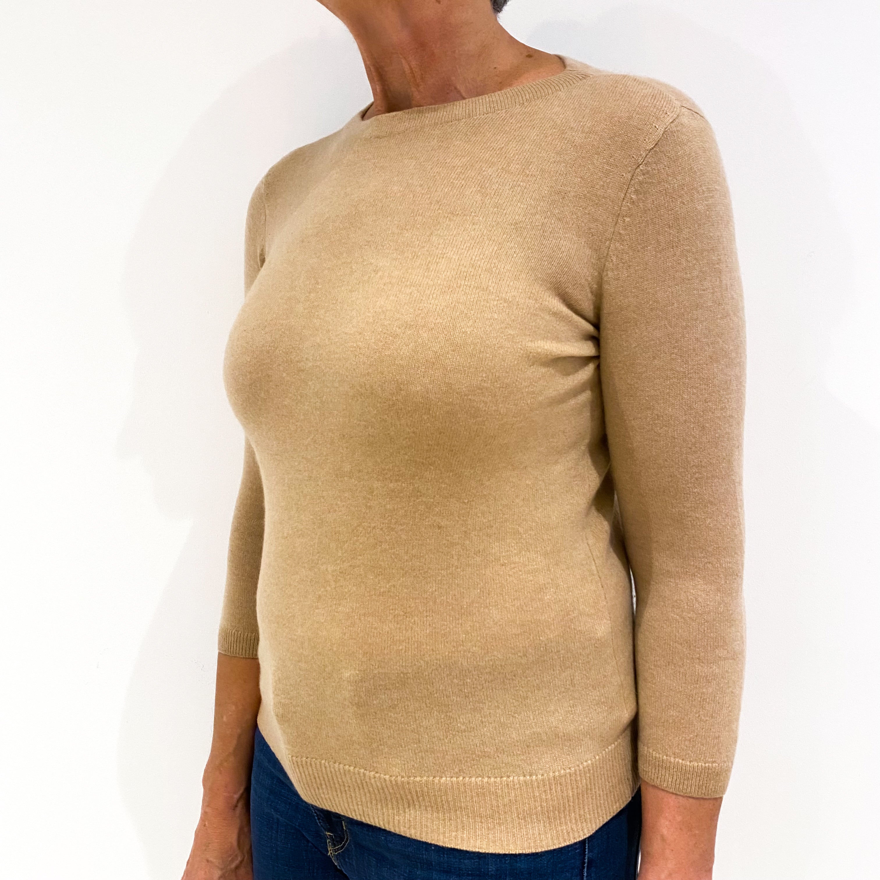 Camel Brown 3/4 Sleeved Cashmere Boat Neck Jumper Medium