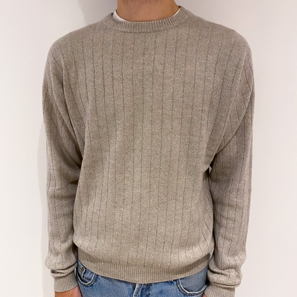 Men's Ribbed Oatmeal Cashmere Crew Neck Jumper Large