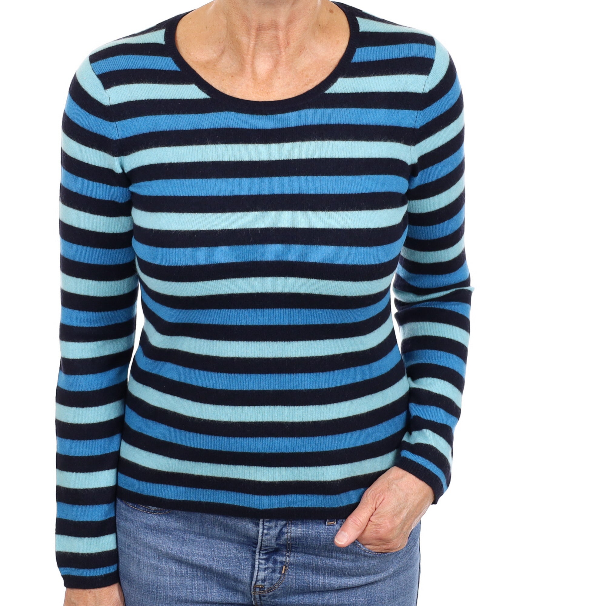 Jaeger Navy and Aqua Stripe Cashmere Crew Neck Jumper Medium
