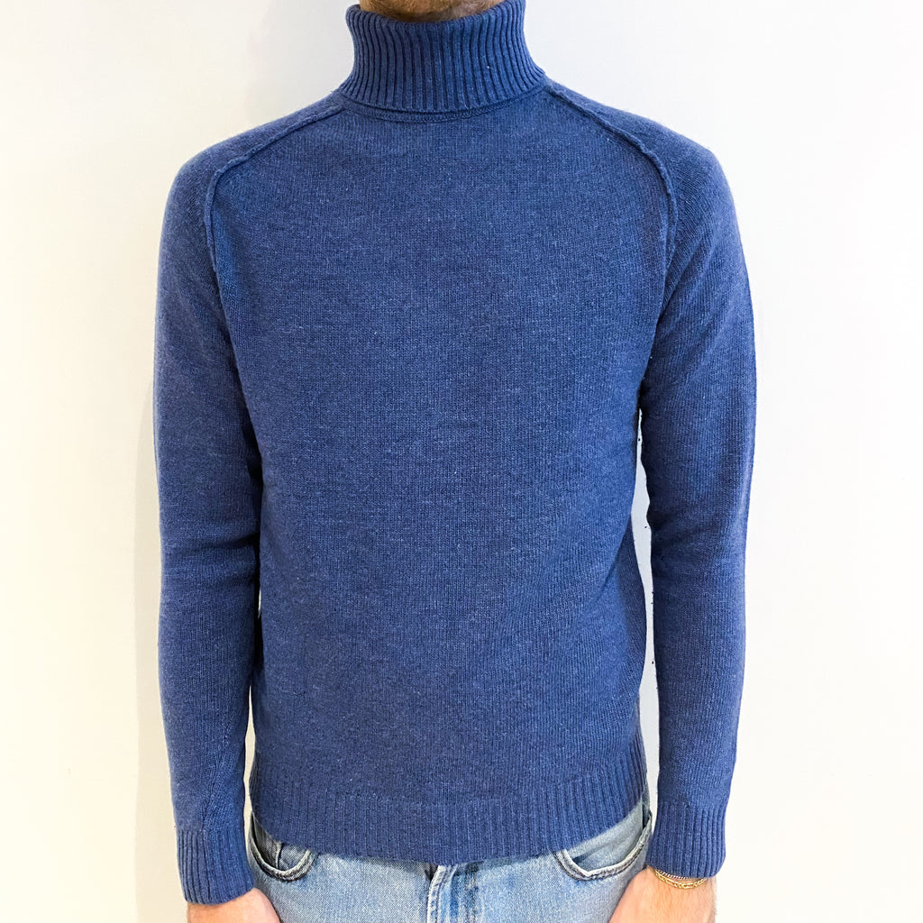 Men's Italian Denim Blue Cashmere Polo Neck Jumper Medium