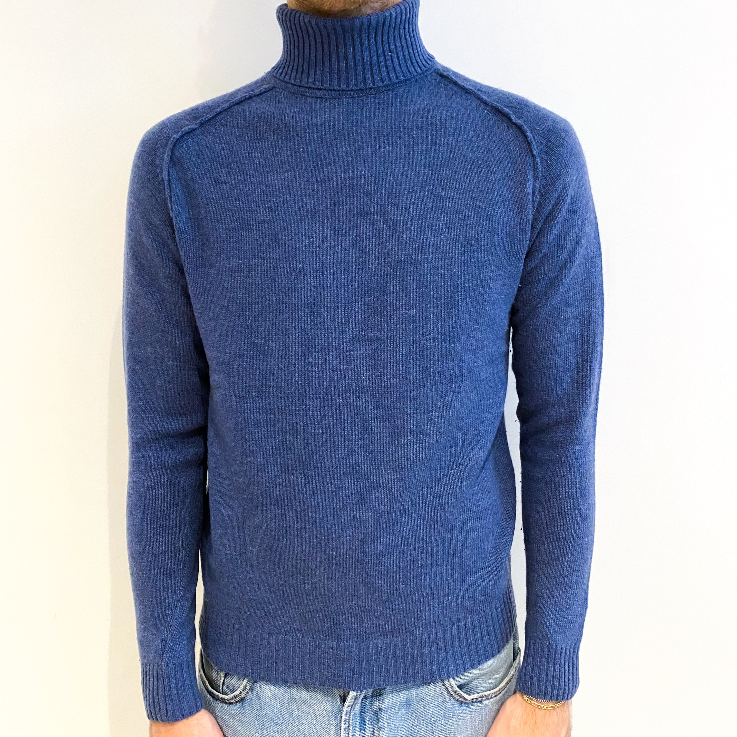 Men's Italian Denim Blue Cashmere Polo Neck Jumper Medium